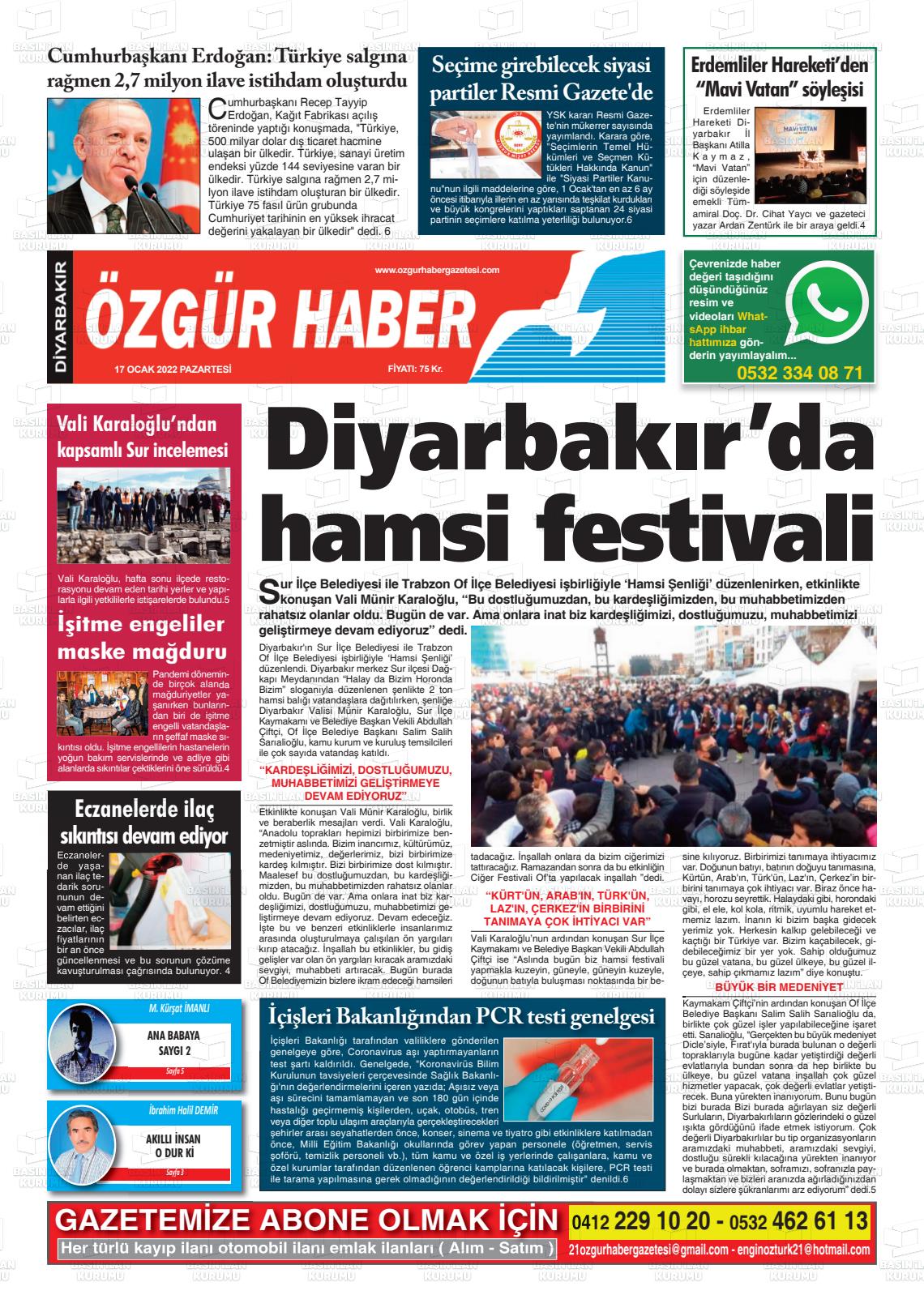 17 Ocak 2022 Özgür Haber Gazete Manşeti