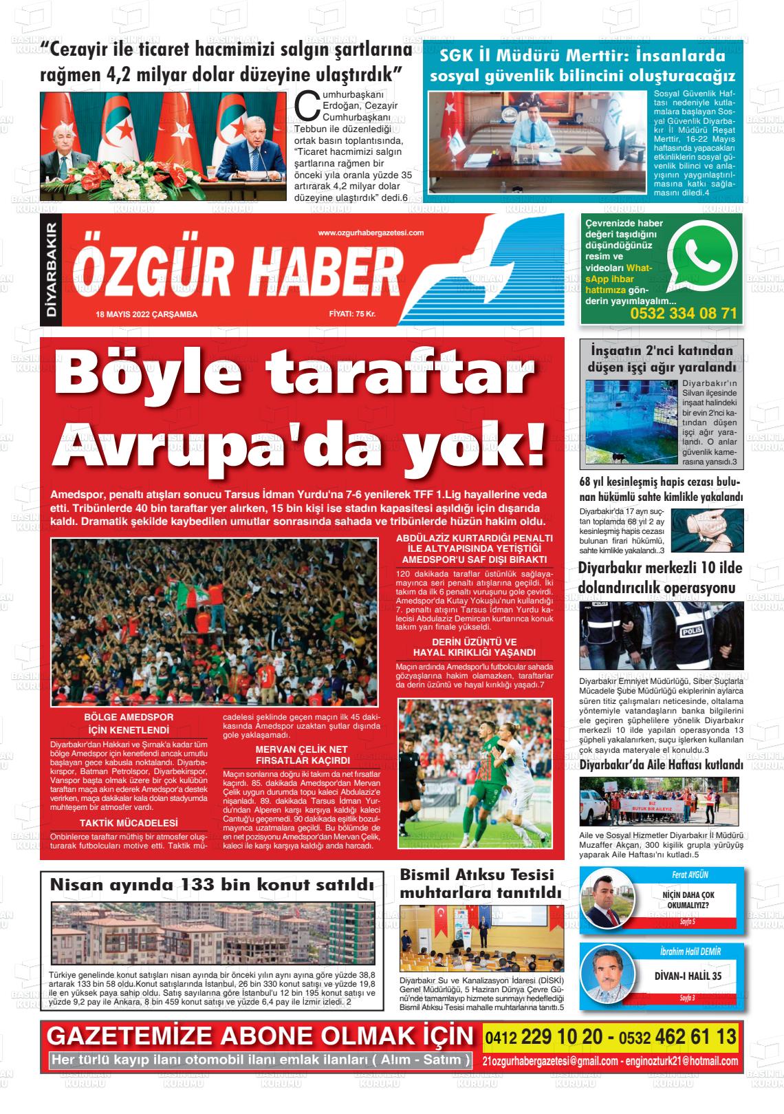 18 Mayıs 2022 Özgür Haber Gazete Manşeti