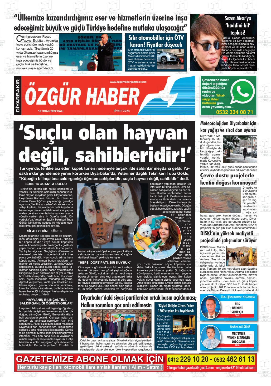 18 Ocak 2022 Özgür Haber Gazete Manşeti
