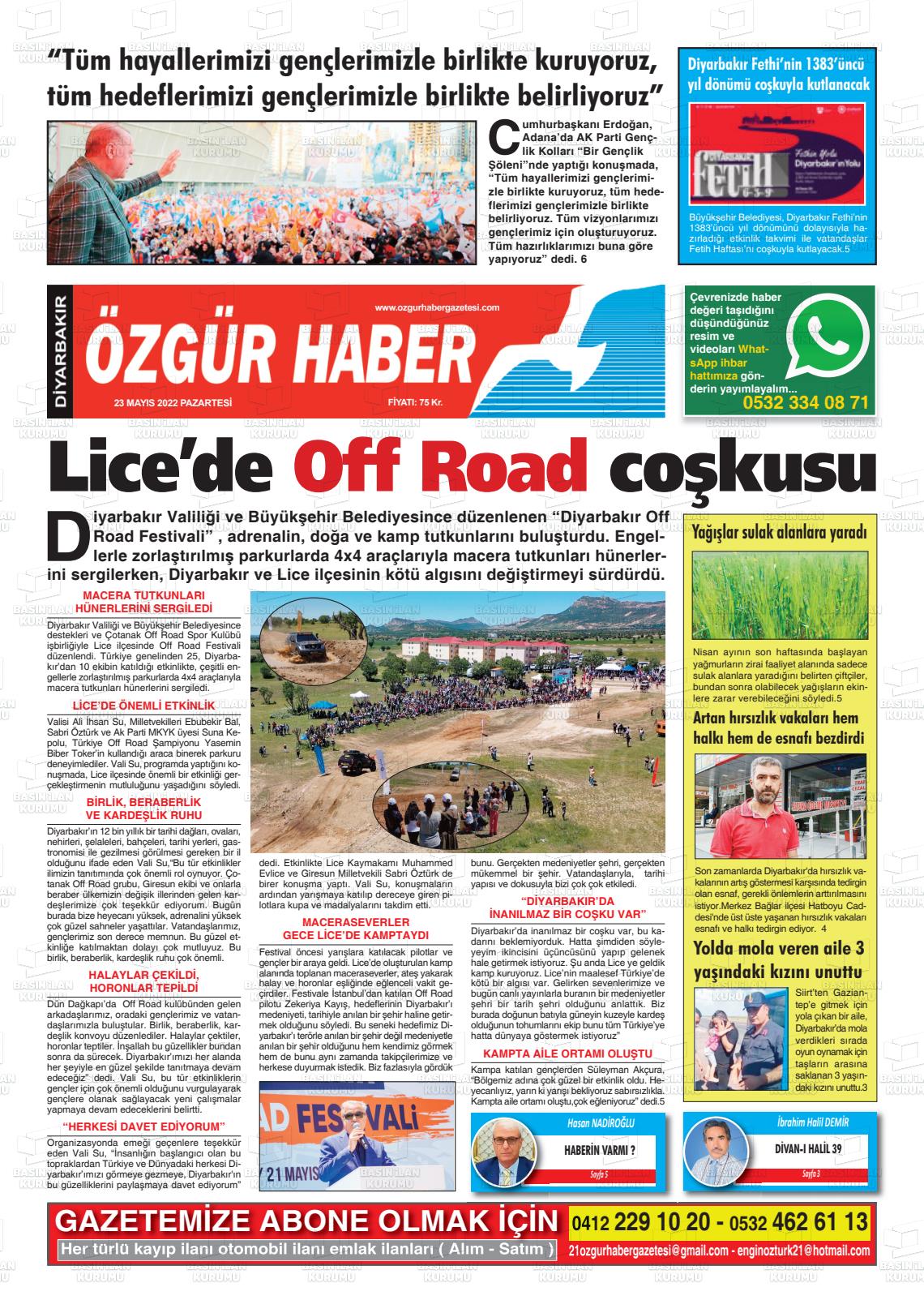 23 Mayıs 2022 Özgür Haber Gazete Manşeti