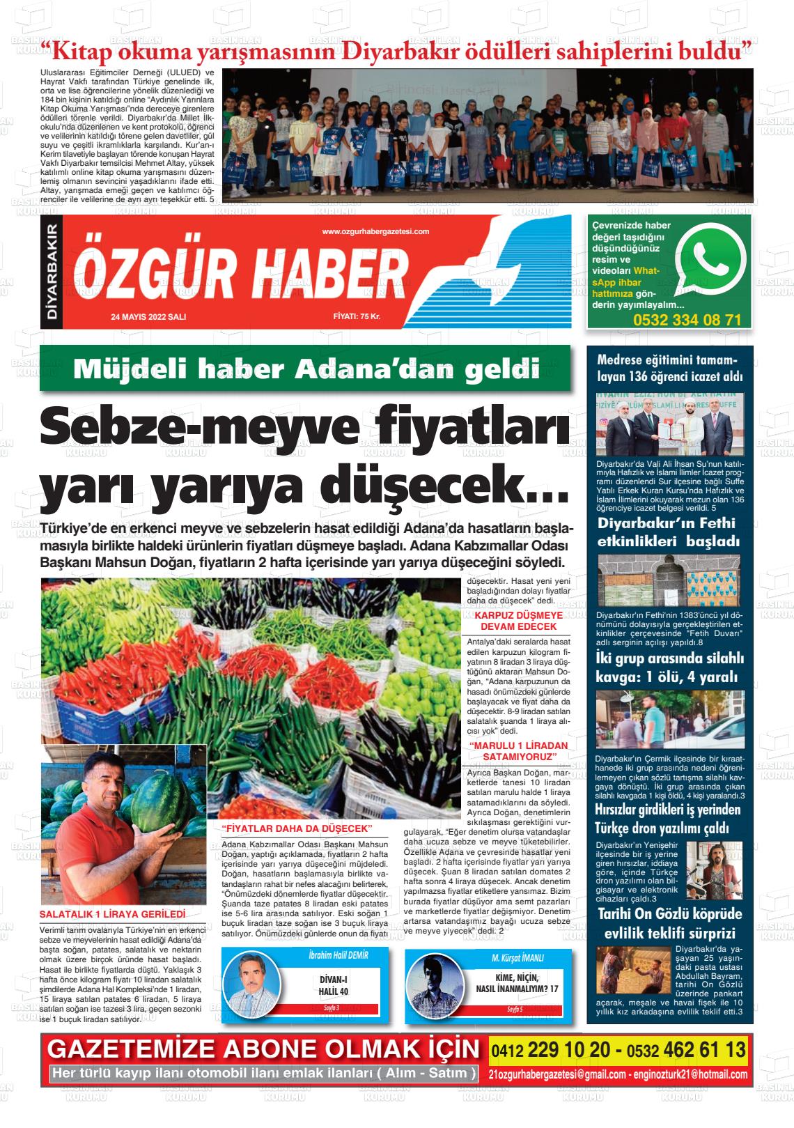 24 Mayıs 2022 Özgür Haber Gazete Manşeti