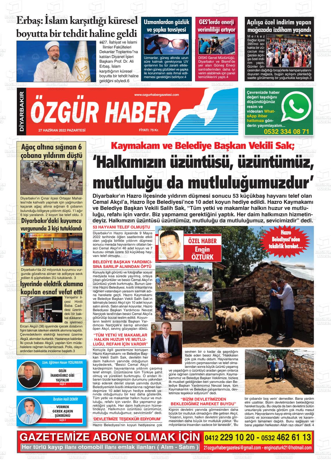 27 Haziran 2022 Özgür Haber Gazete Manşeti