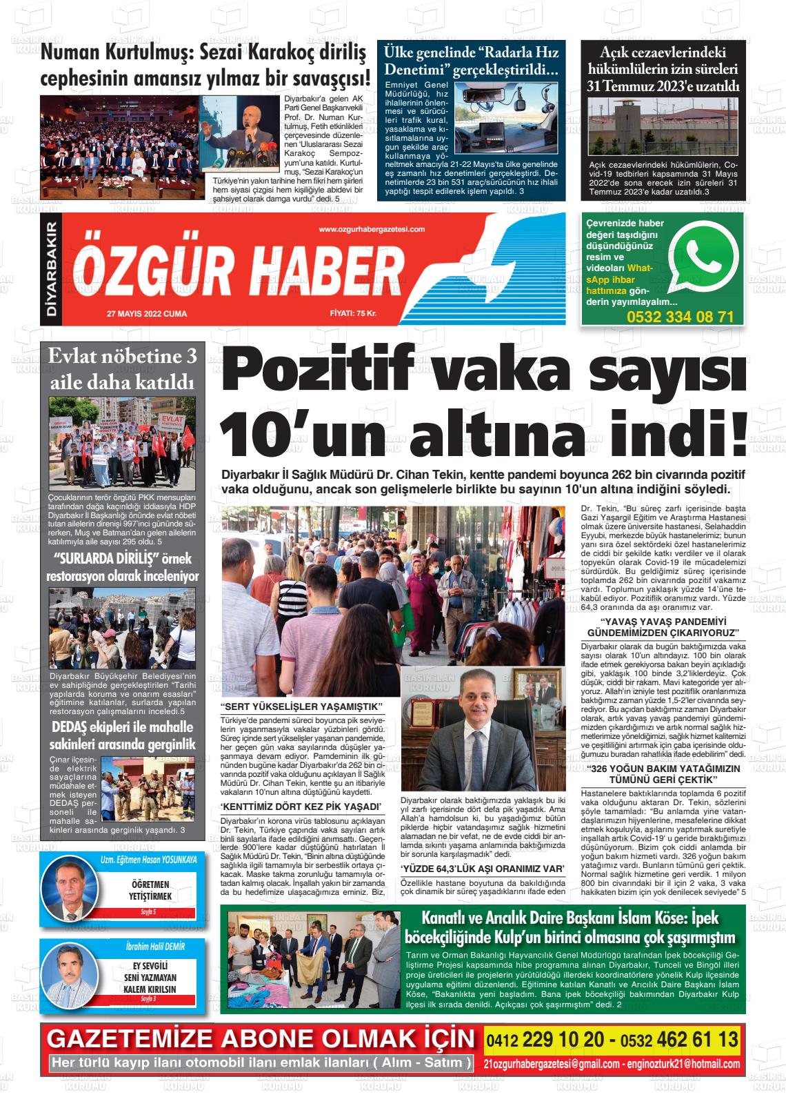 27 Mayıs 2022 Özgür Haber Gazete Manşeti