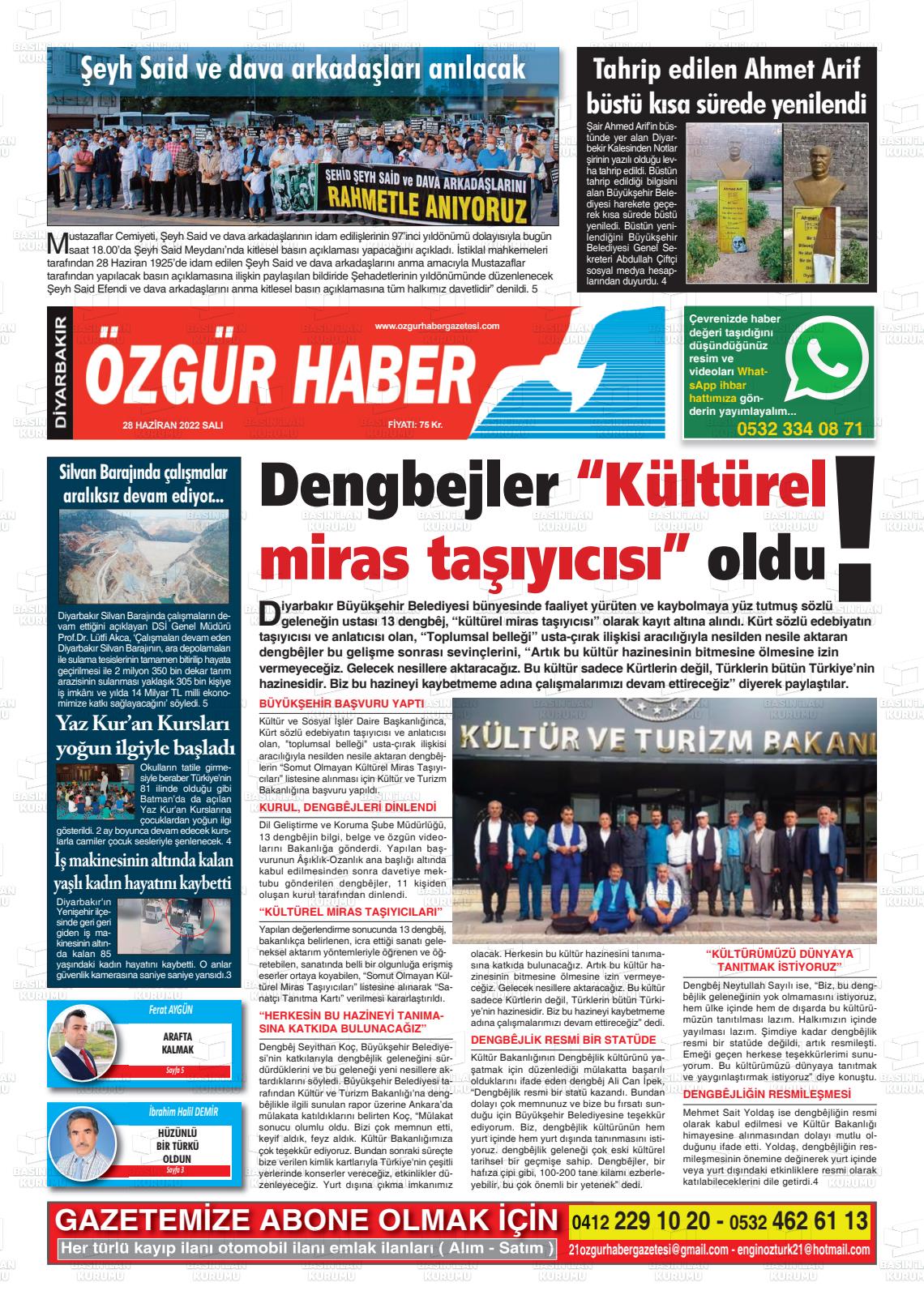 28 Haziran 2022 Özgür Haber Gazete Manşeti