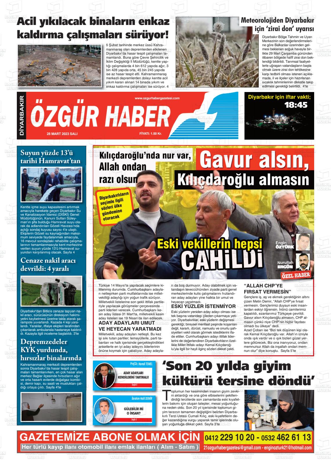 28 Mart 2023 Özgür Haber Gazete Manşeti