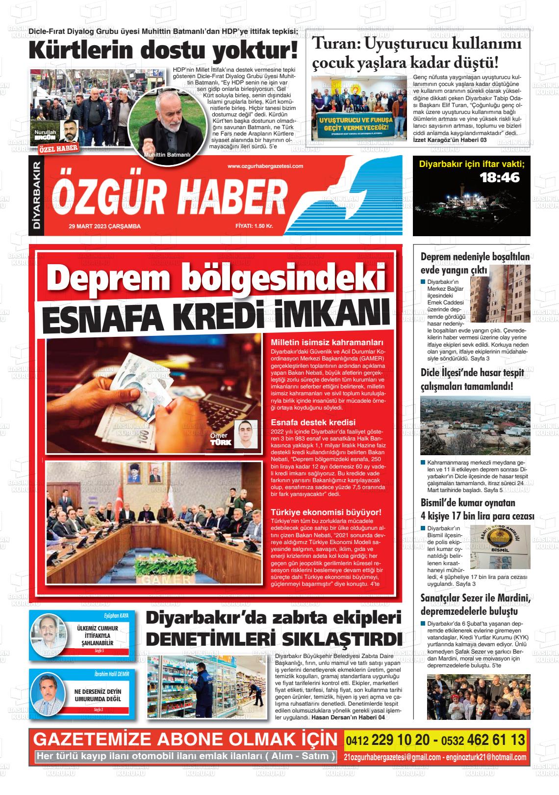 29 Mart 2023 Özgür Haber Gazete Manşeti