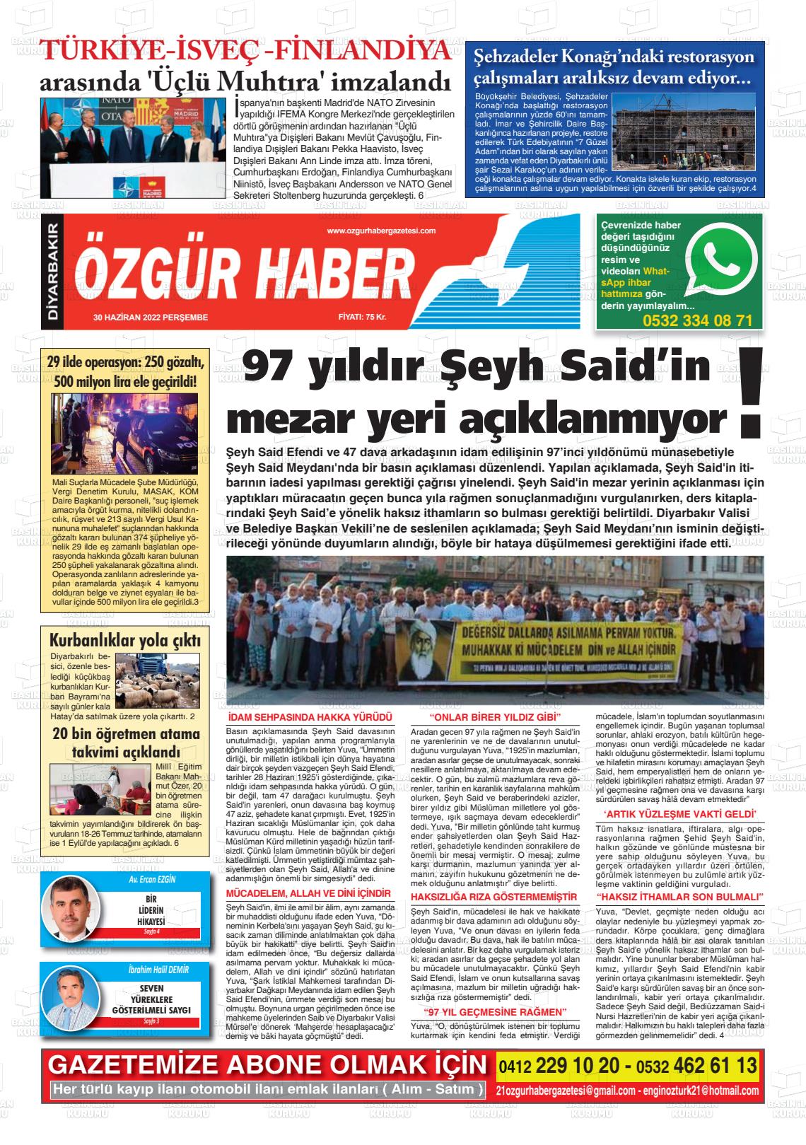 01 Temmuz 2022 Özgür Haber Gazete Manşeti