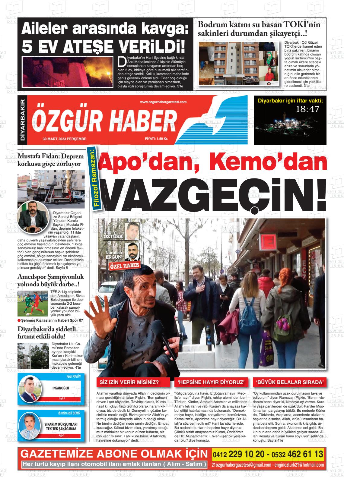 30 Mart 2023 Özgür Haber Gazete Manşeti