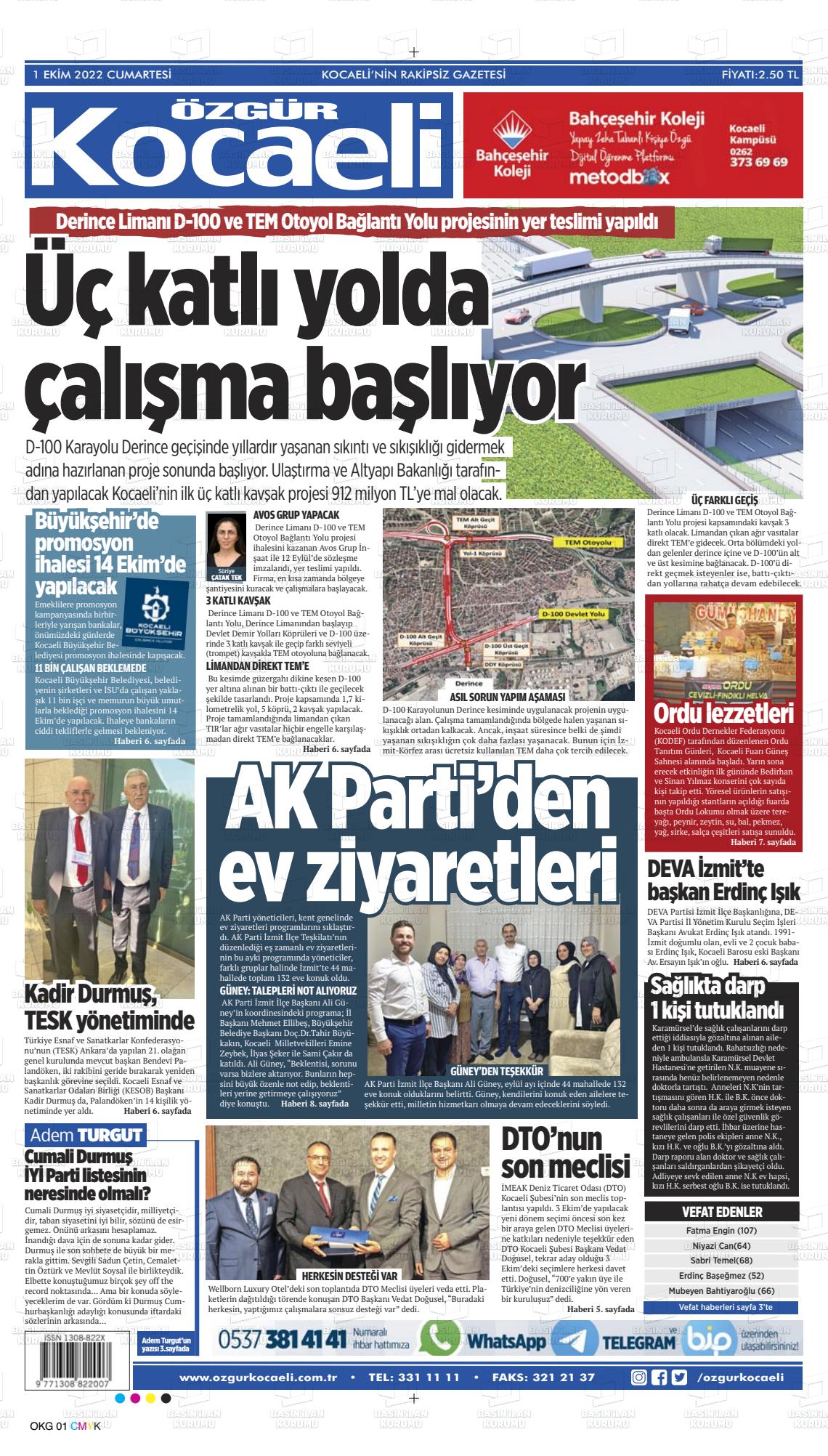 01 Ekim 2022 Özgür Kocaeli Gazete Manşeti