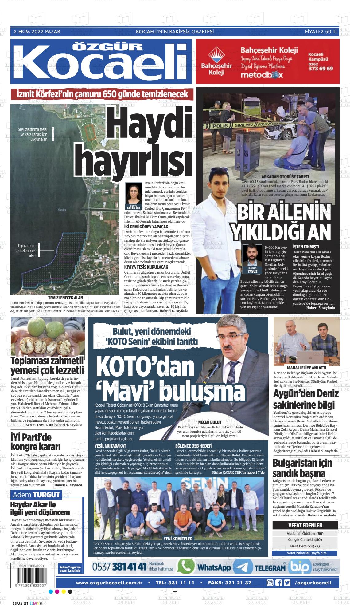 02 Ekim 2022 Özgür Kocaeli Gazete Manşeti