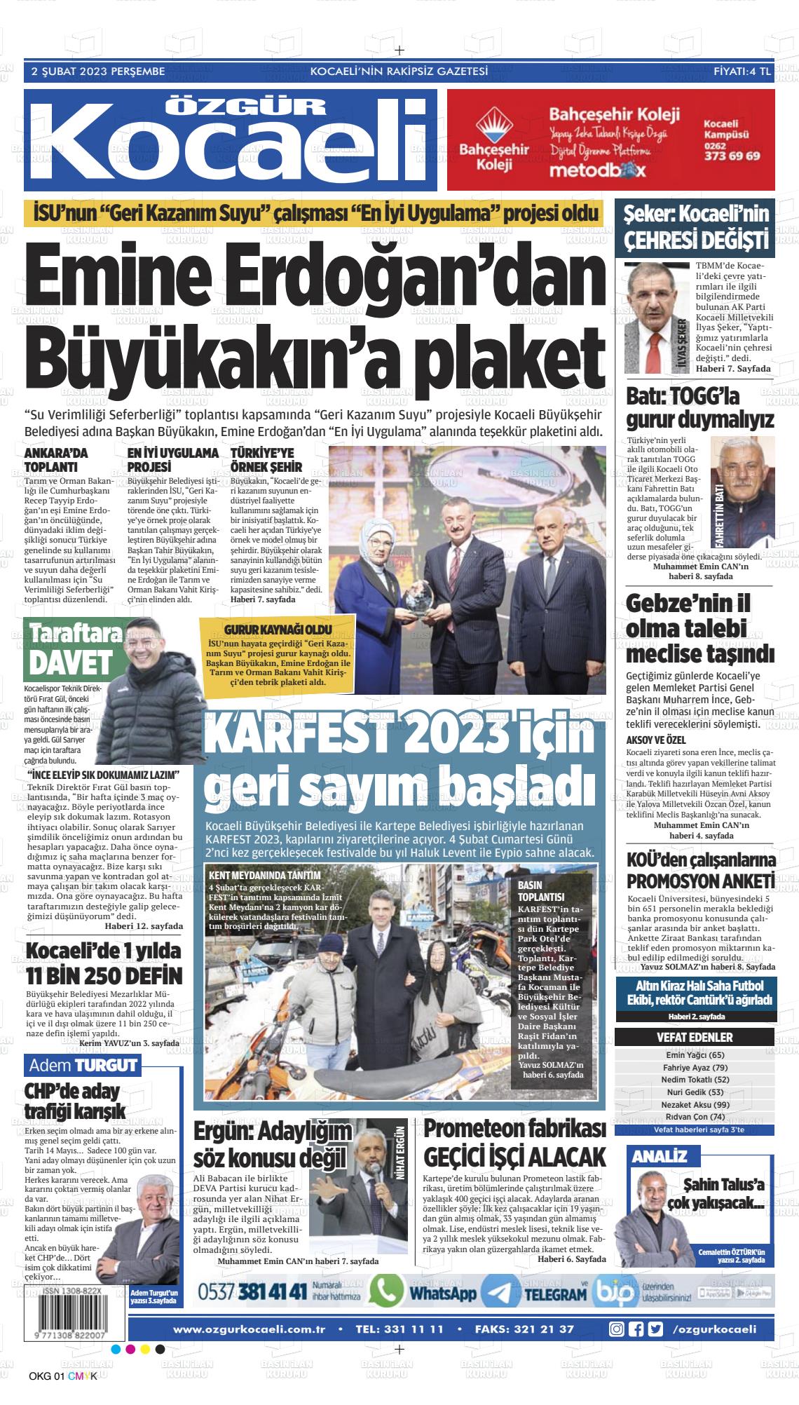 02 Şubat 2023 Özgür Kocaeli Gazete Manşeti