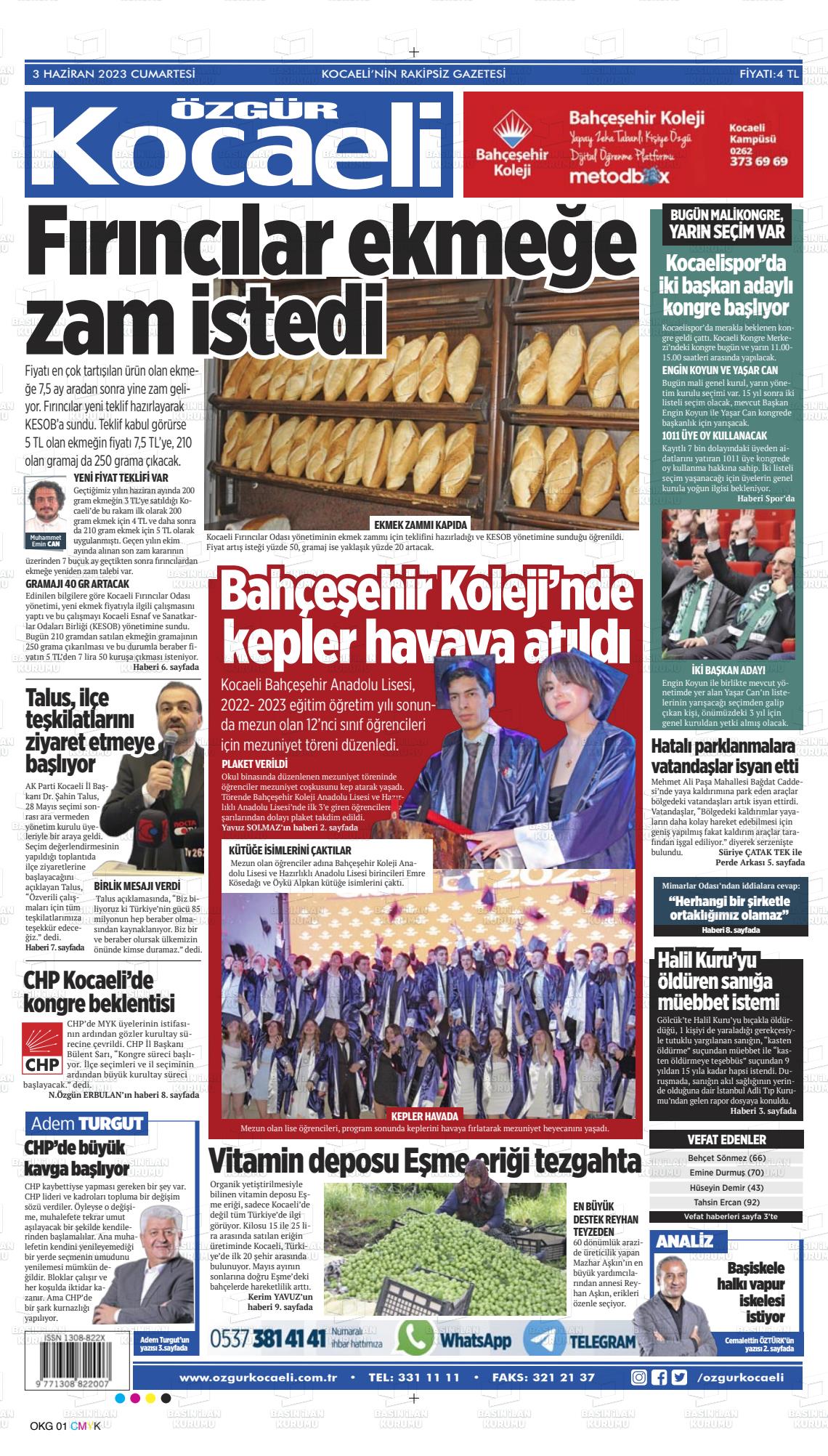 03 Haziran 2023 Özgür Kocaeli Gazete Manşeti
