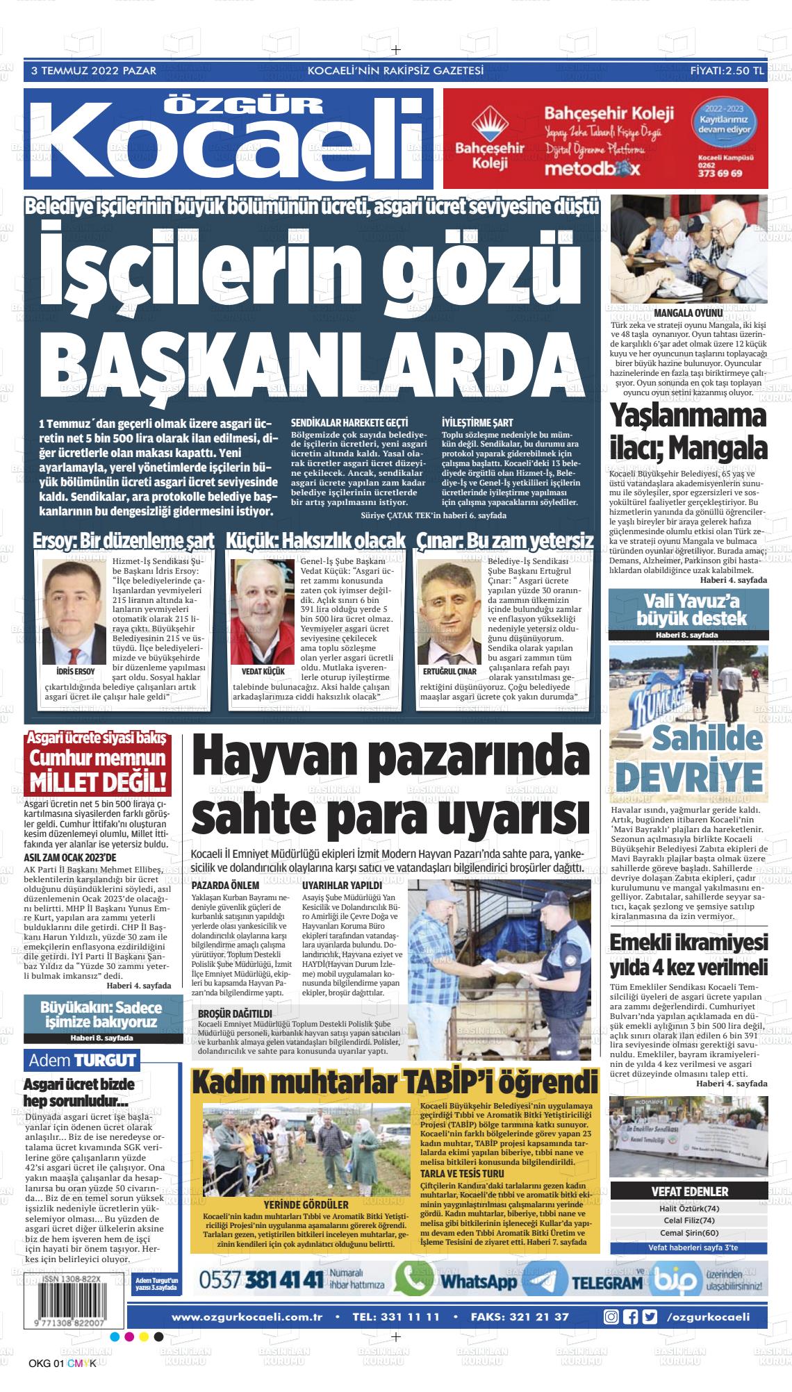 03 Temmuz 2022 Özgür Kocaeli Gazete Manşeti