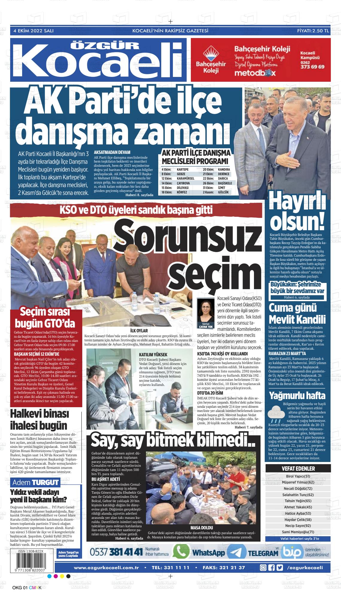 04 Ekim 2022 Özgür Kocaeli Gazete Manşeti