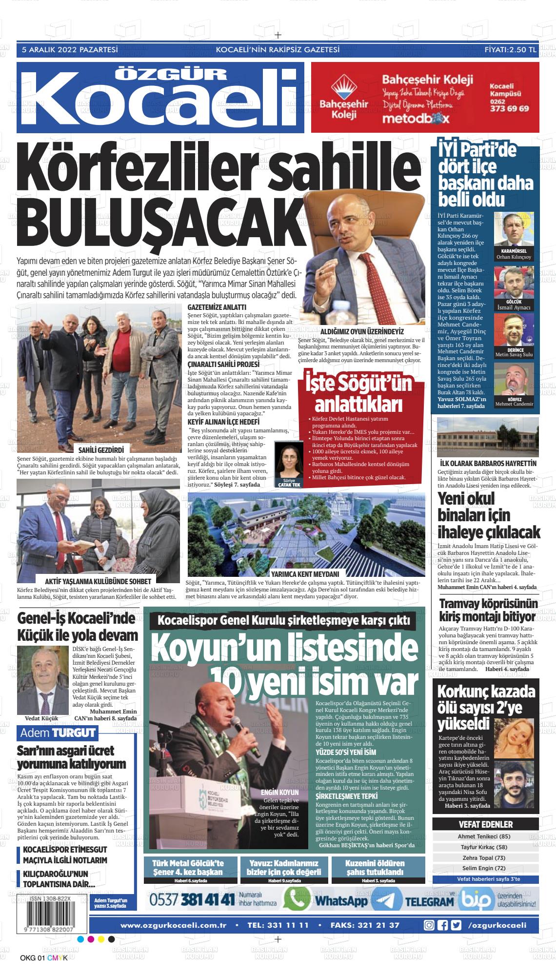 05 Aralık 2022 Özgür Kocaeli Gazete Manşeti