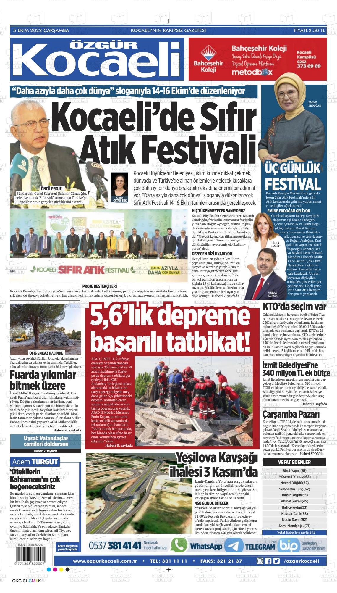 05 Ekim 2022 Özgür Kocaeli Gazete Manşeti