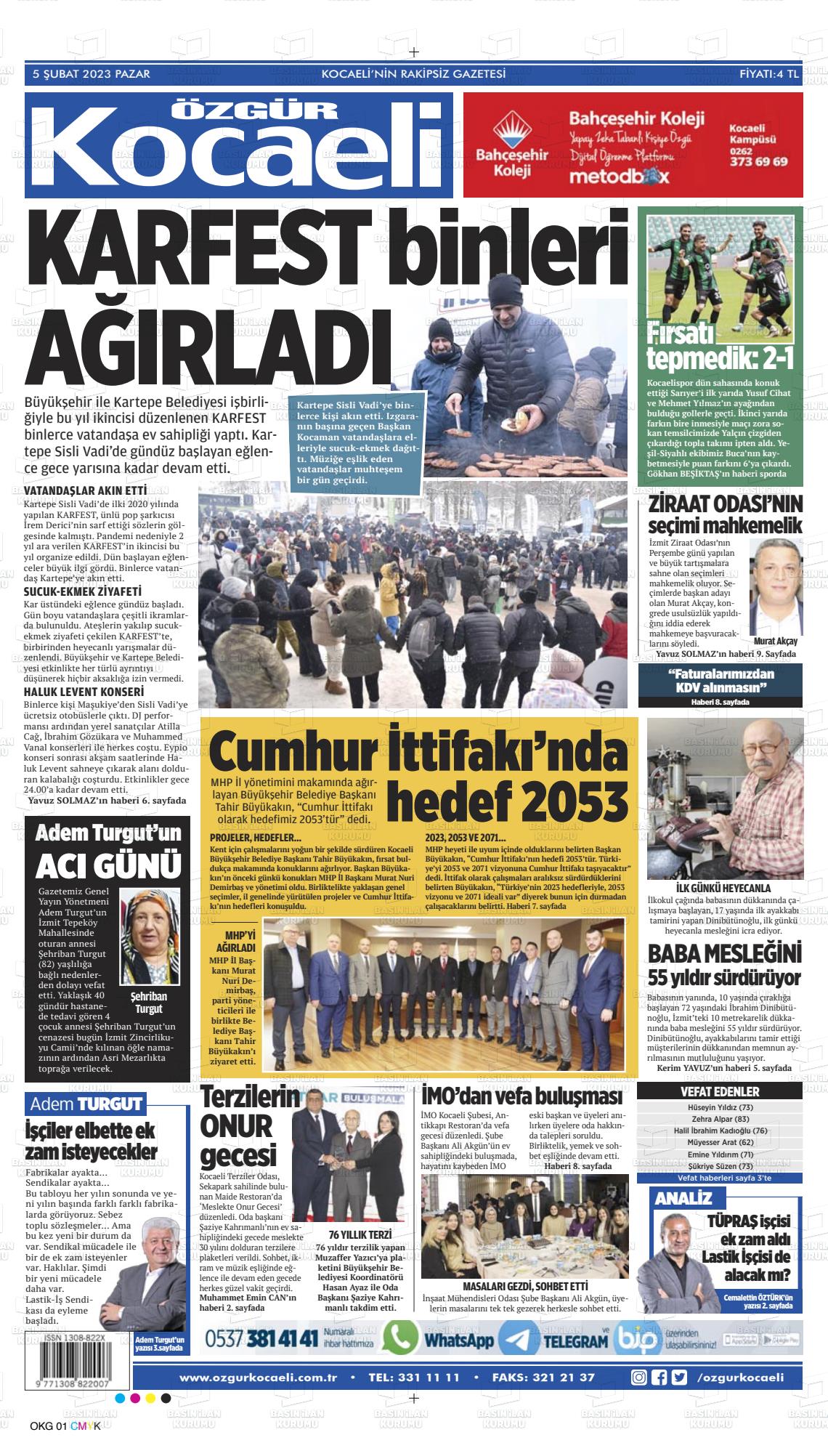05 Şubat 2023 Özgür Kocaeli Gazete Manşeti