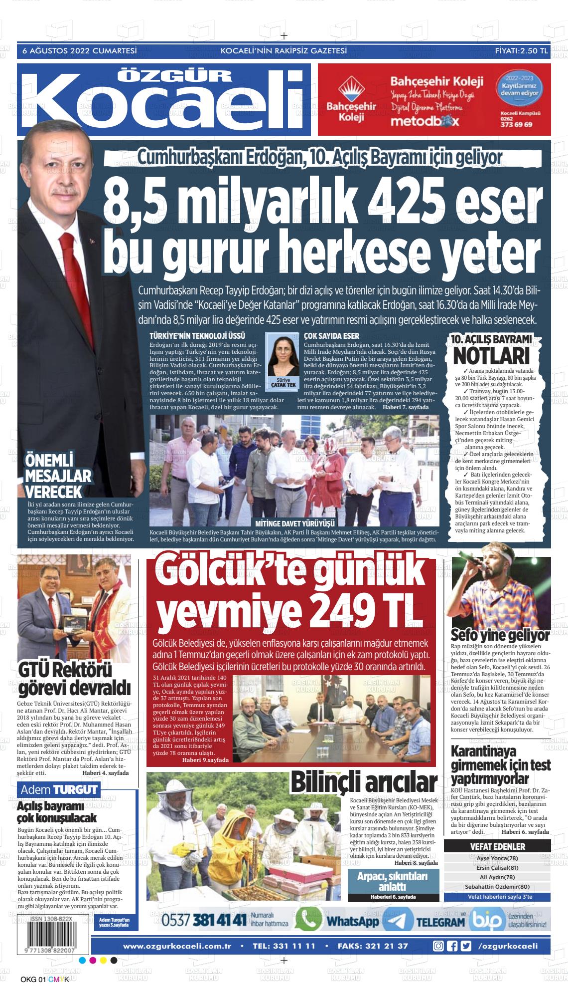 06 Ağustos 2022 Özgür Kocaeli Gazete Manşeti