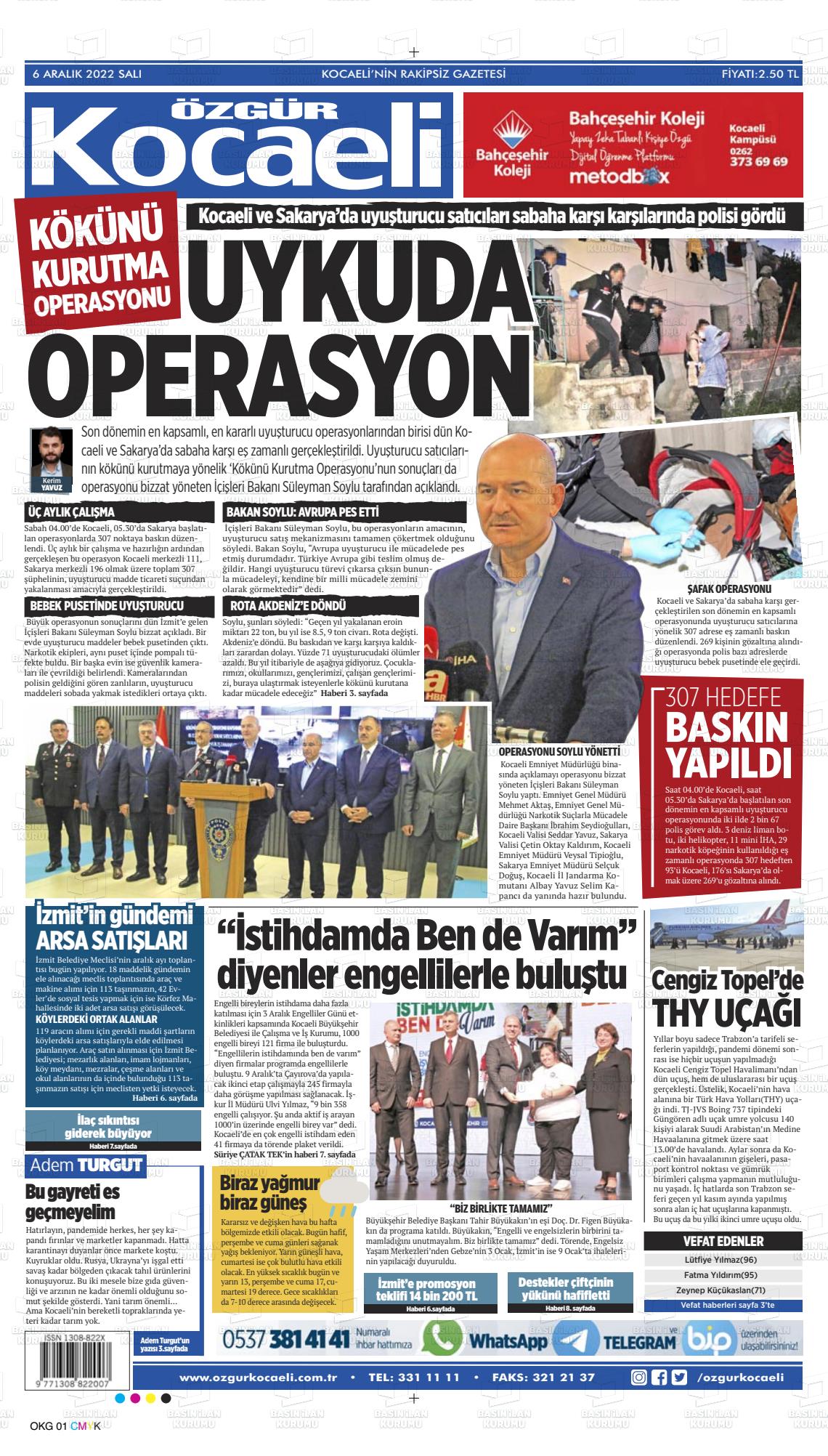 06 Aralık 2022 Özgür Kocaeli Gazete Manşeti