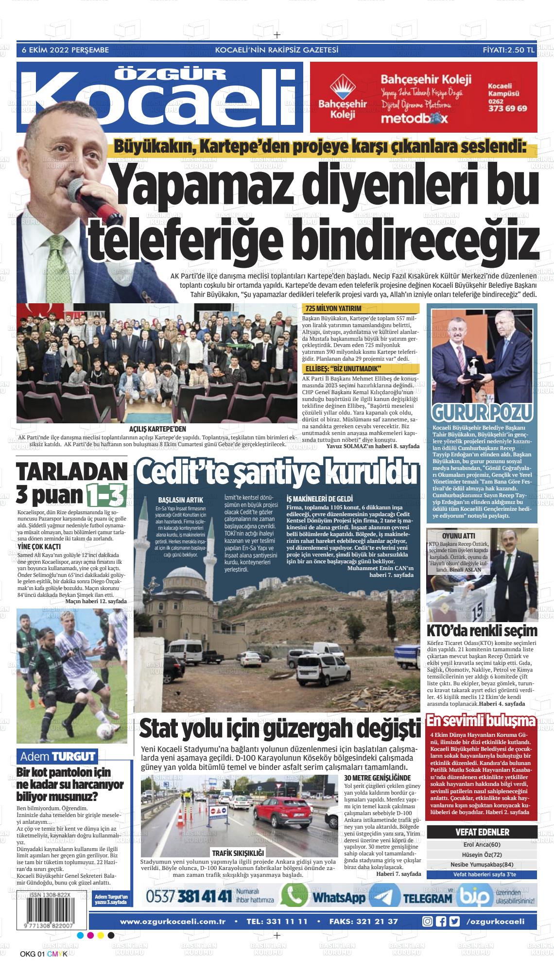 06 Ekim 2022 Özgür Kocaeli Gazete Manşeti