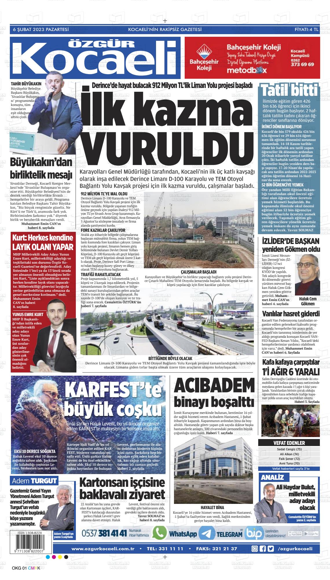 06 Şubat 2023 Özgür Kocaeli Gazete Manşeti