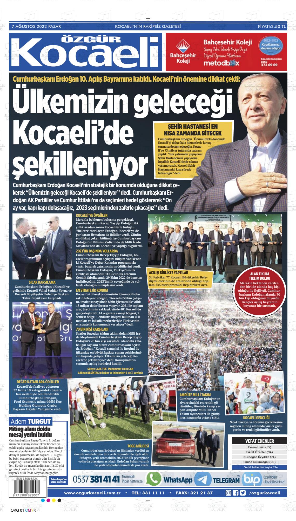 07 Ağustos 2022 Özgür Kocaeli Gazete Manşeti