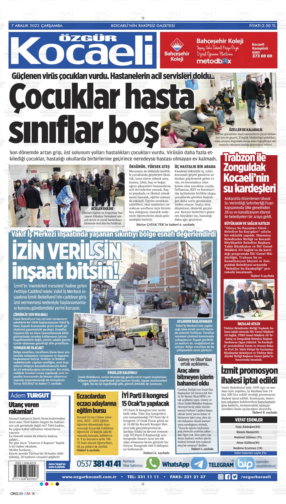 07 Aralık 2022 Özgür Kocaeli Gazete Manşeti