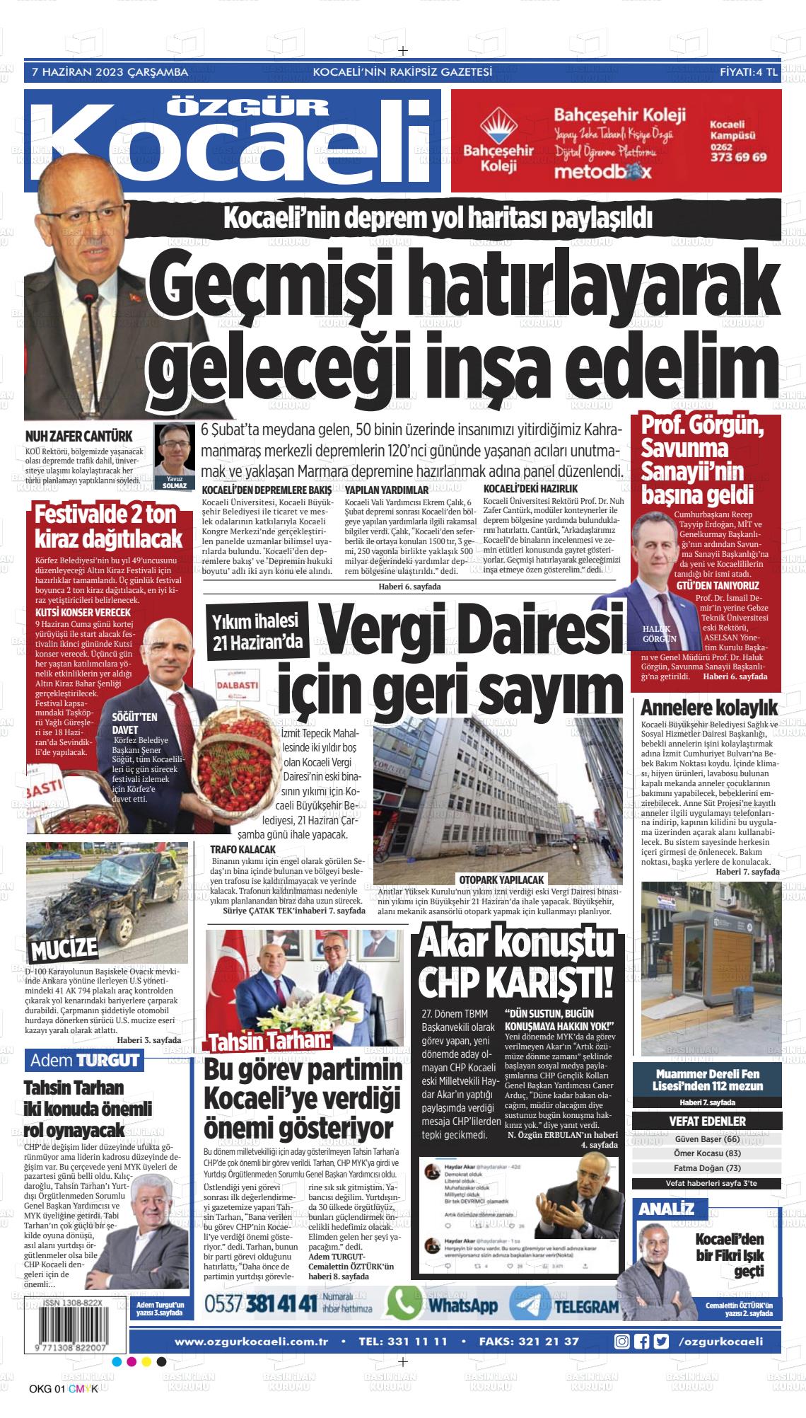 07 Haziran 2023 Özgür Kocaeli Gazete Manşeti