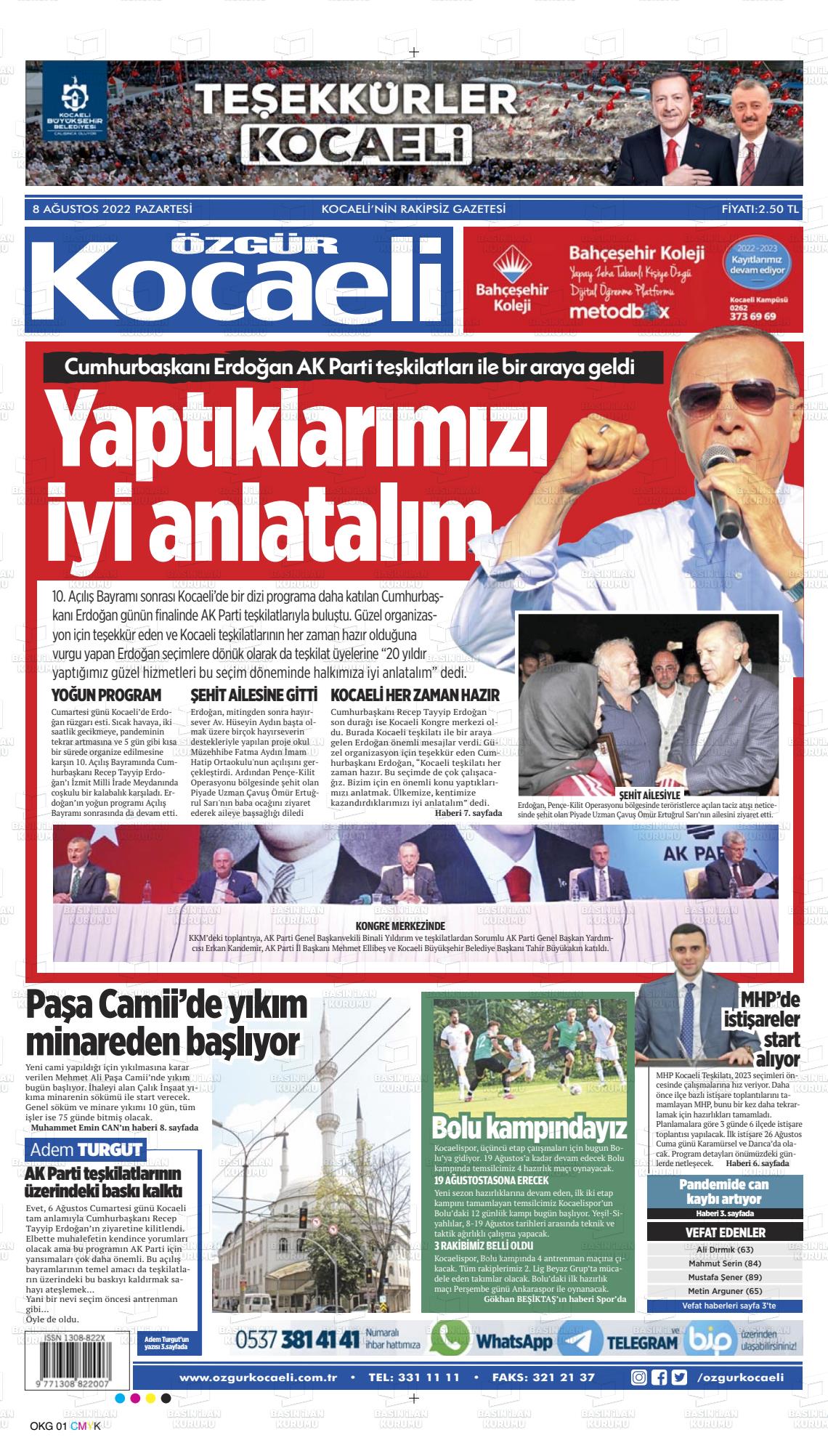 08 Ağustos 2022 Özgür Kocaeli Gazete Manşeti