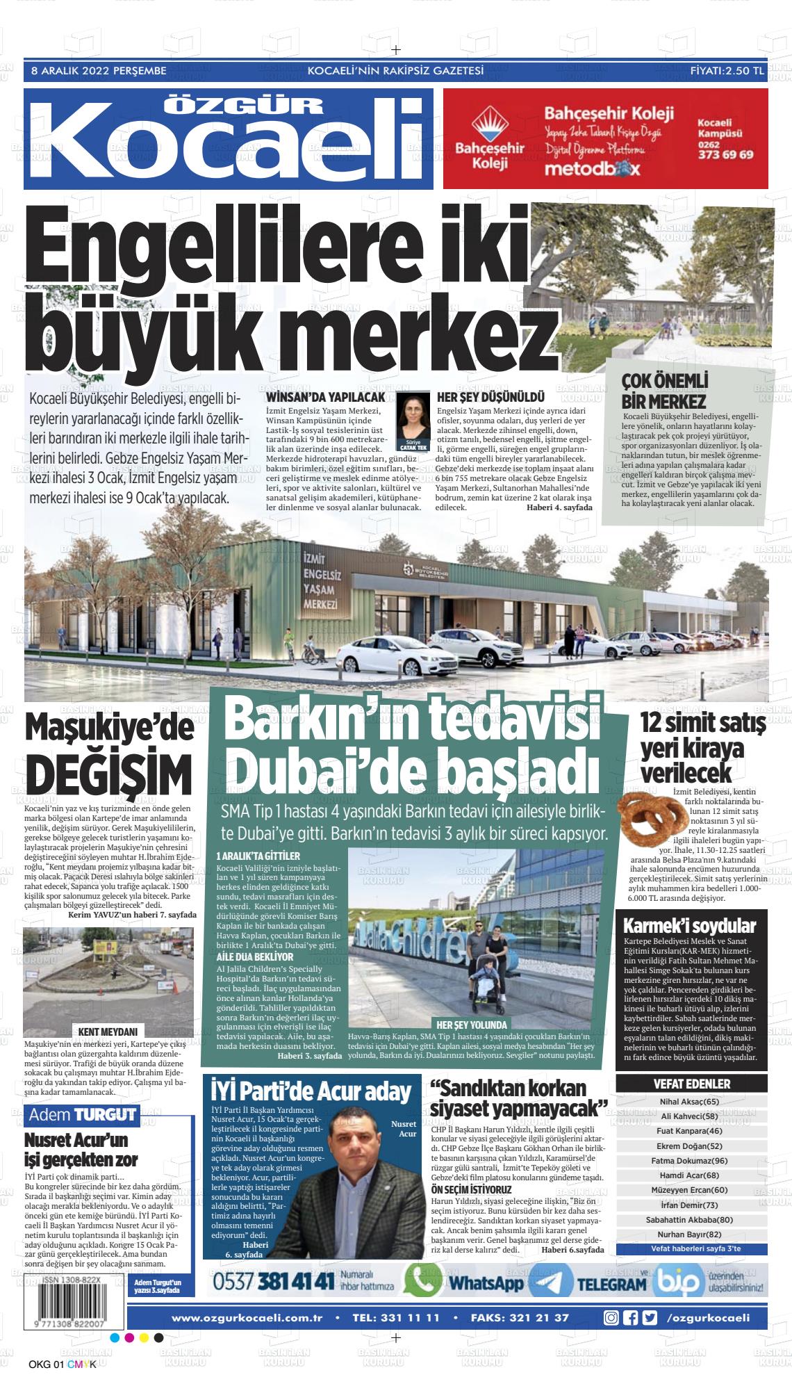 08 Aralık 2022 Özgür Kocaeli Gazete Manşeti