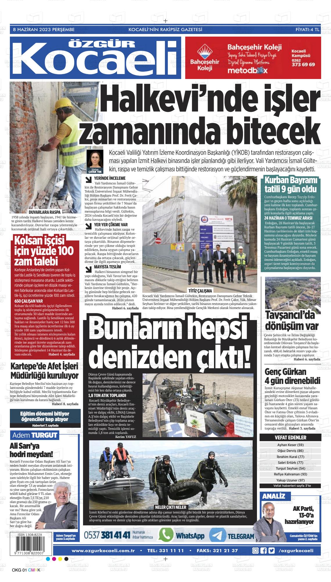 08 Haziran 2023 Özgür Kocaeli Gazete Manşeti