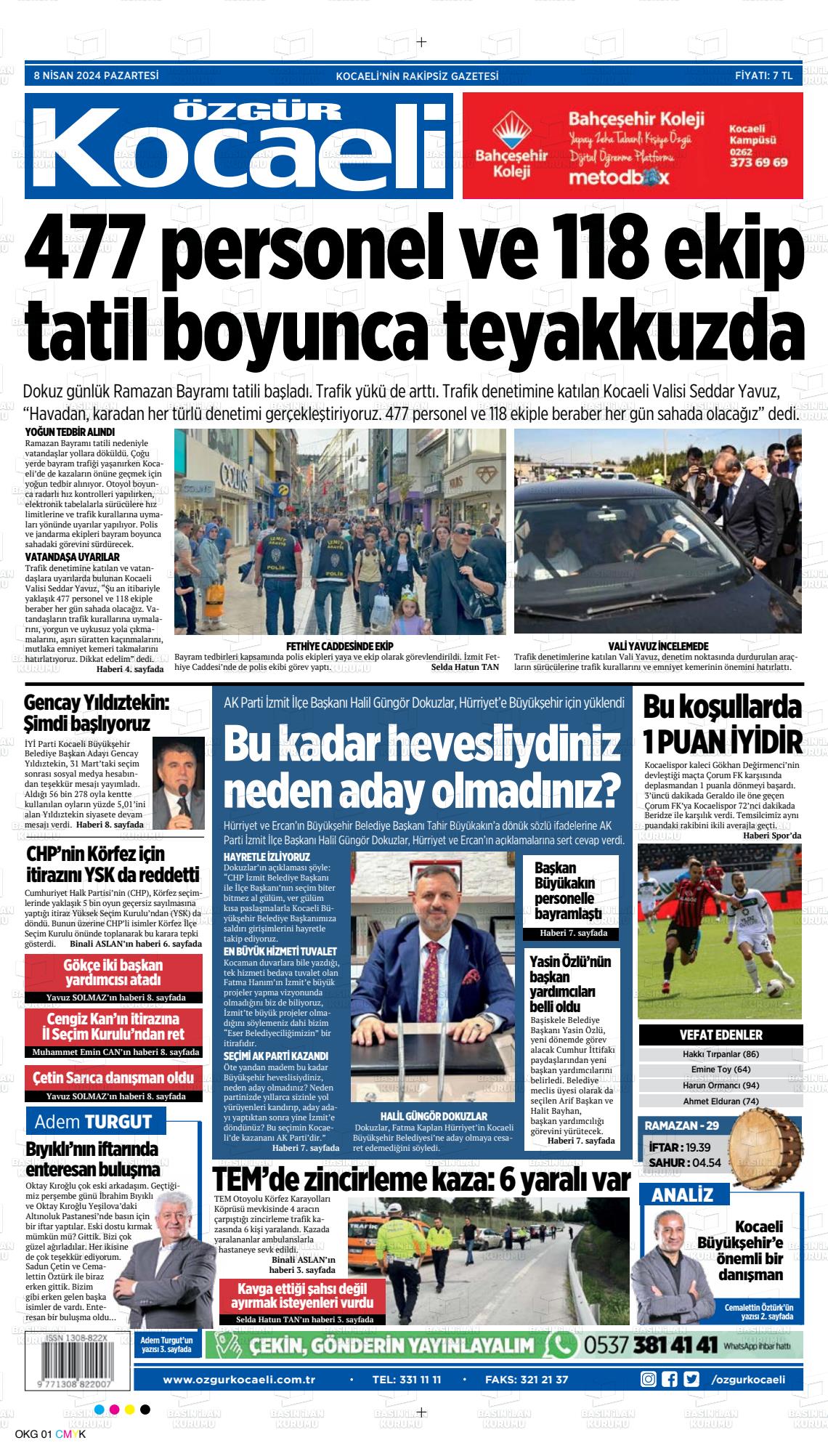 08 Nisan 2024 Özgür Kocaeli Gazete Manşeti