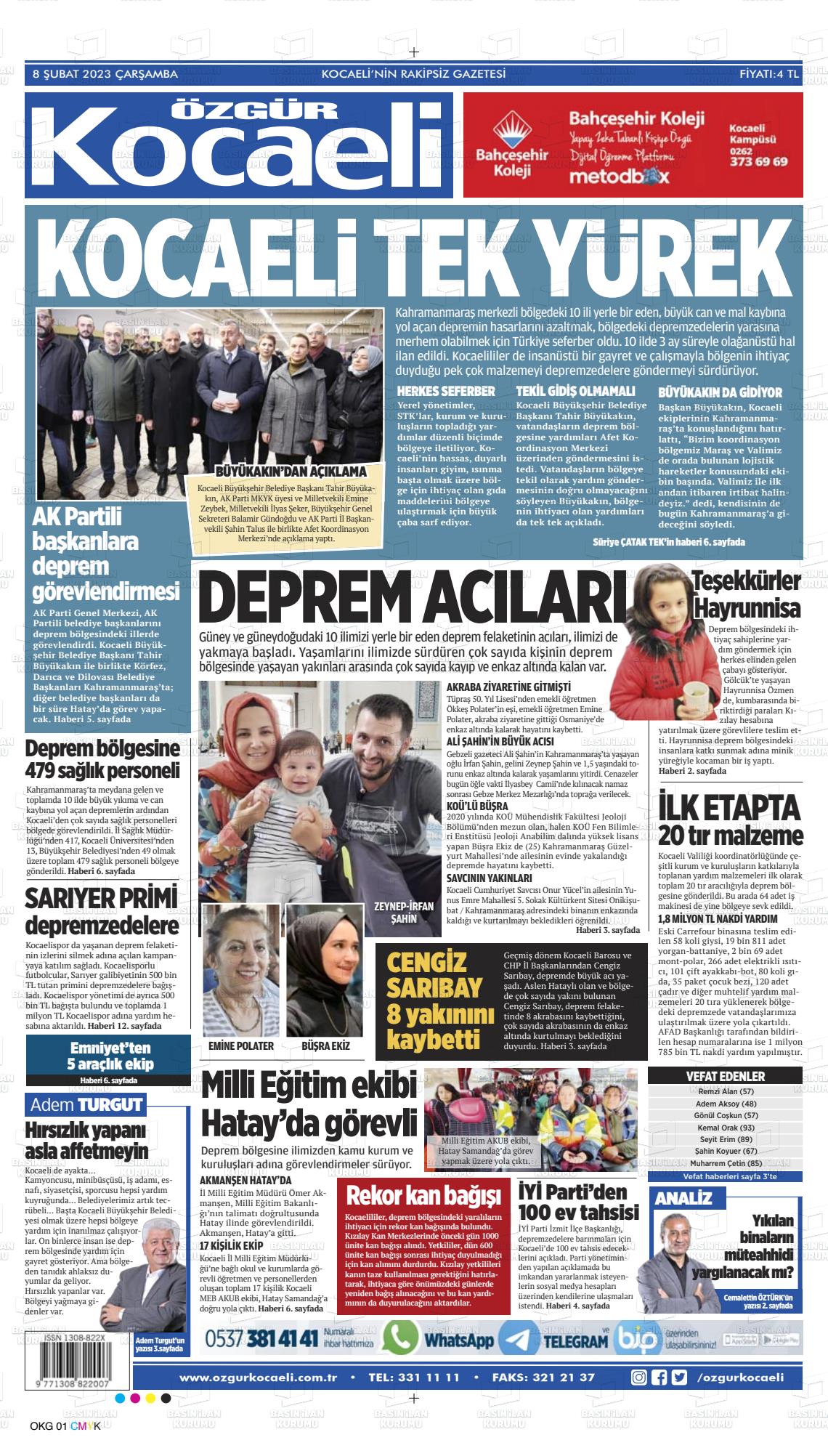 08 Şubat 2023 Özgür Kocaeli Gazete Manşeti