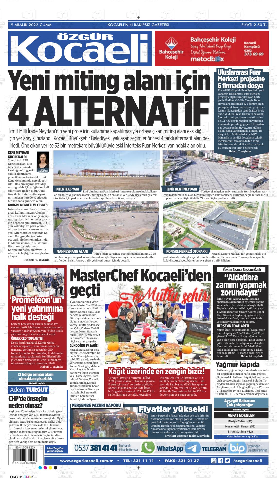 09 Aralık 2022 Özgür Kocaeli Gazete Manşeti