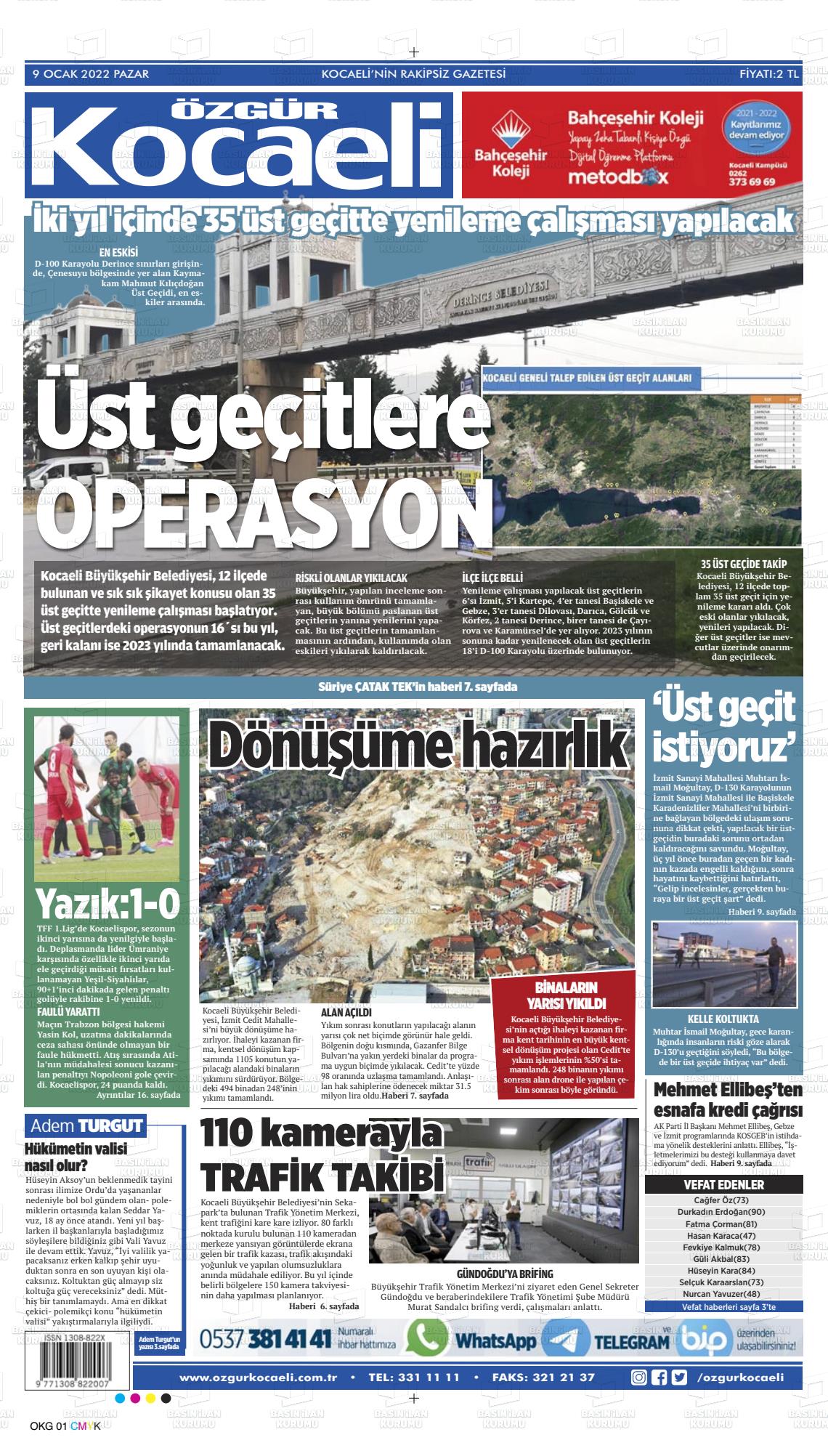09 Ocak 2022 Özgür Kocaeli Gazete Manşeti