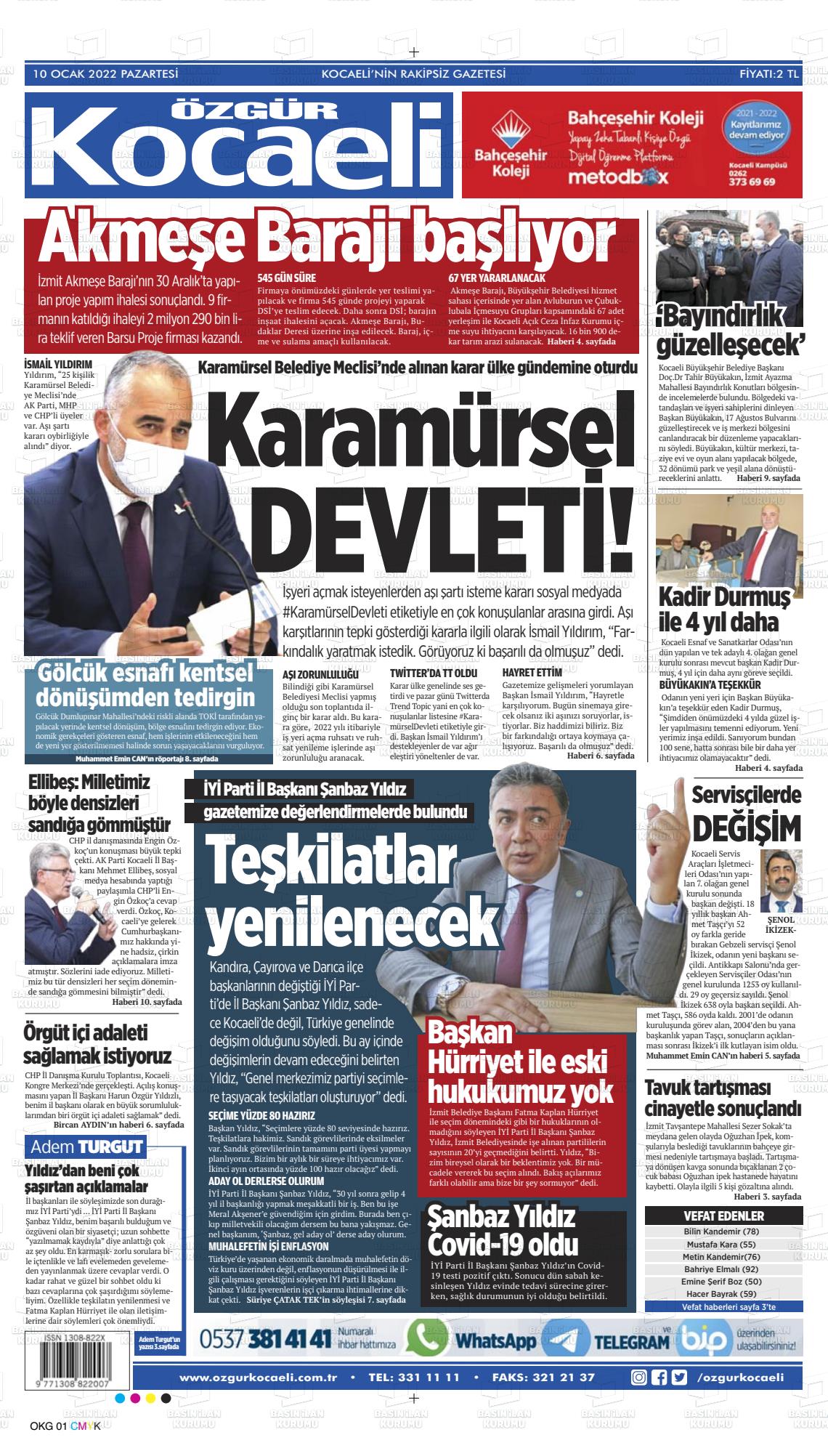 10 Ocak 2022 Özgür Kocaeli Gazete Manşeti