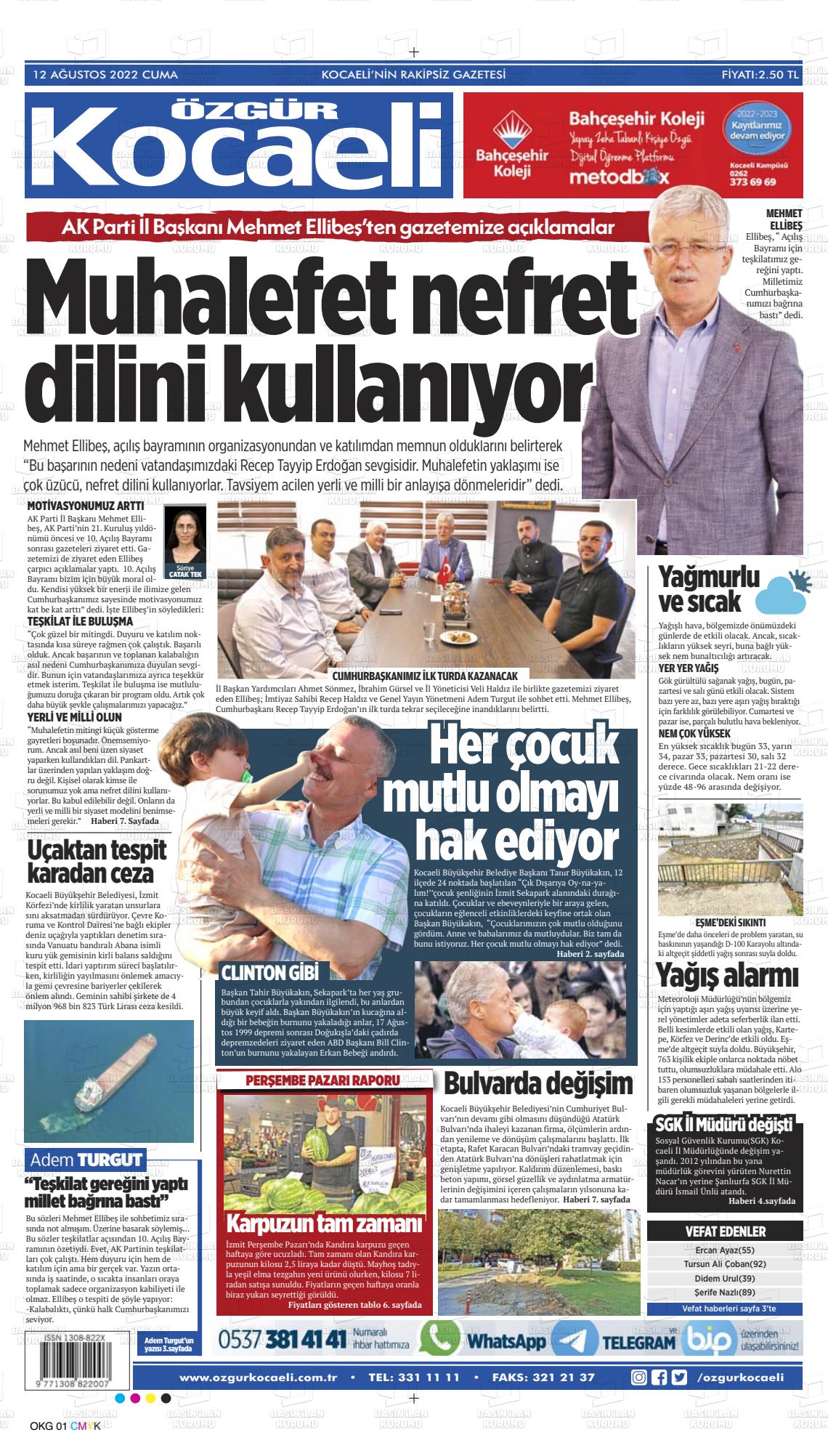 12 Ağustos 2022 Özgür Kocaeli Gazete Manşeti