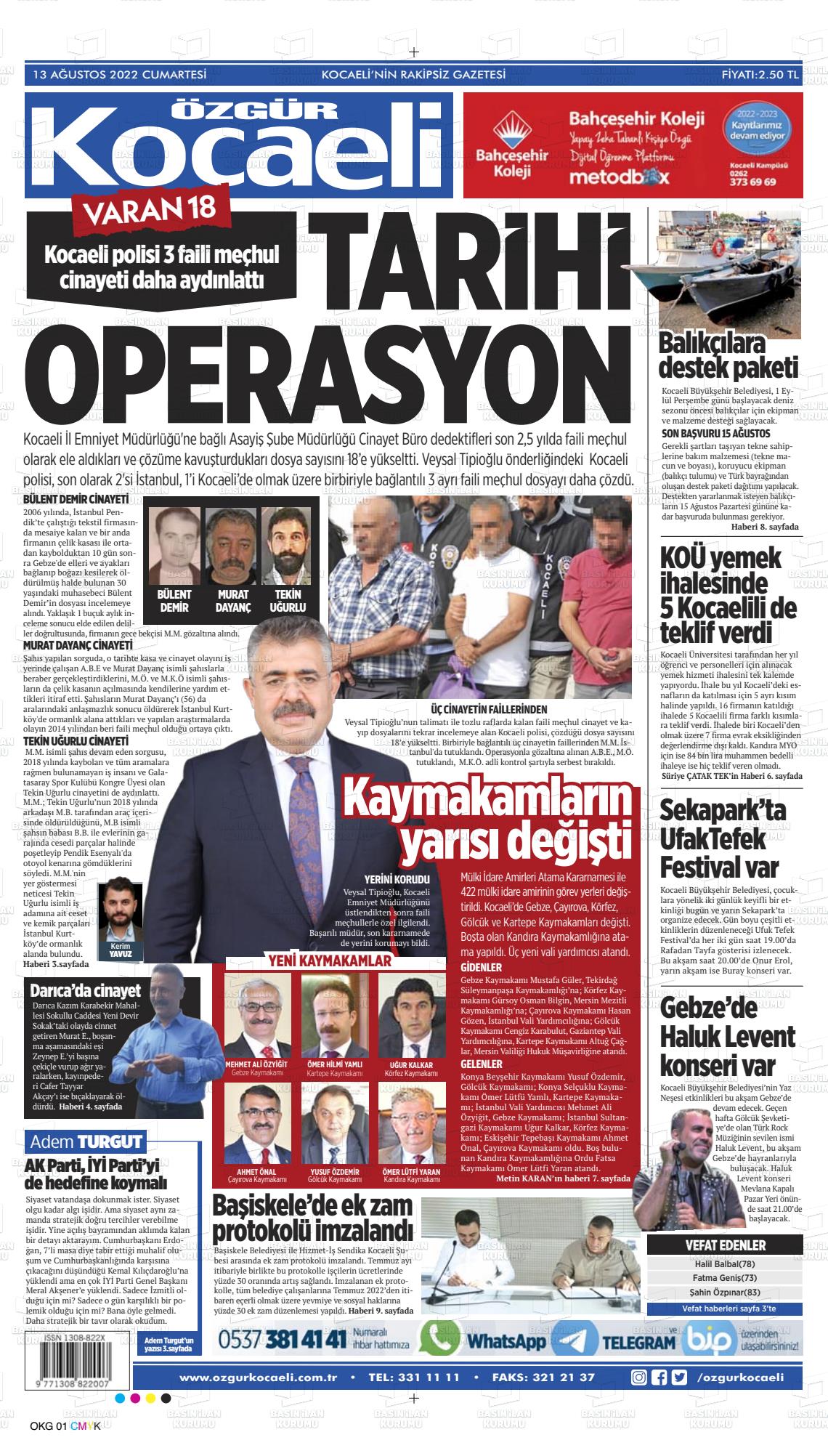 13 Ağustos 2022 Özgür Kocaeli Gazete Manşeti