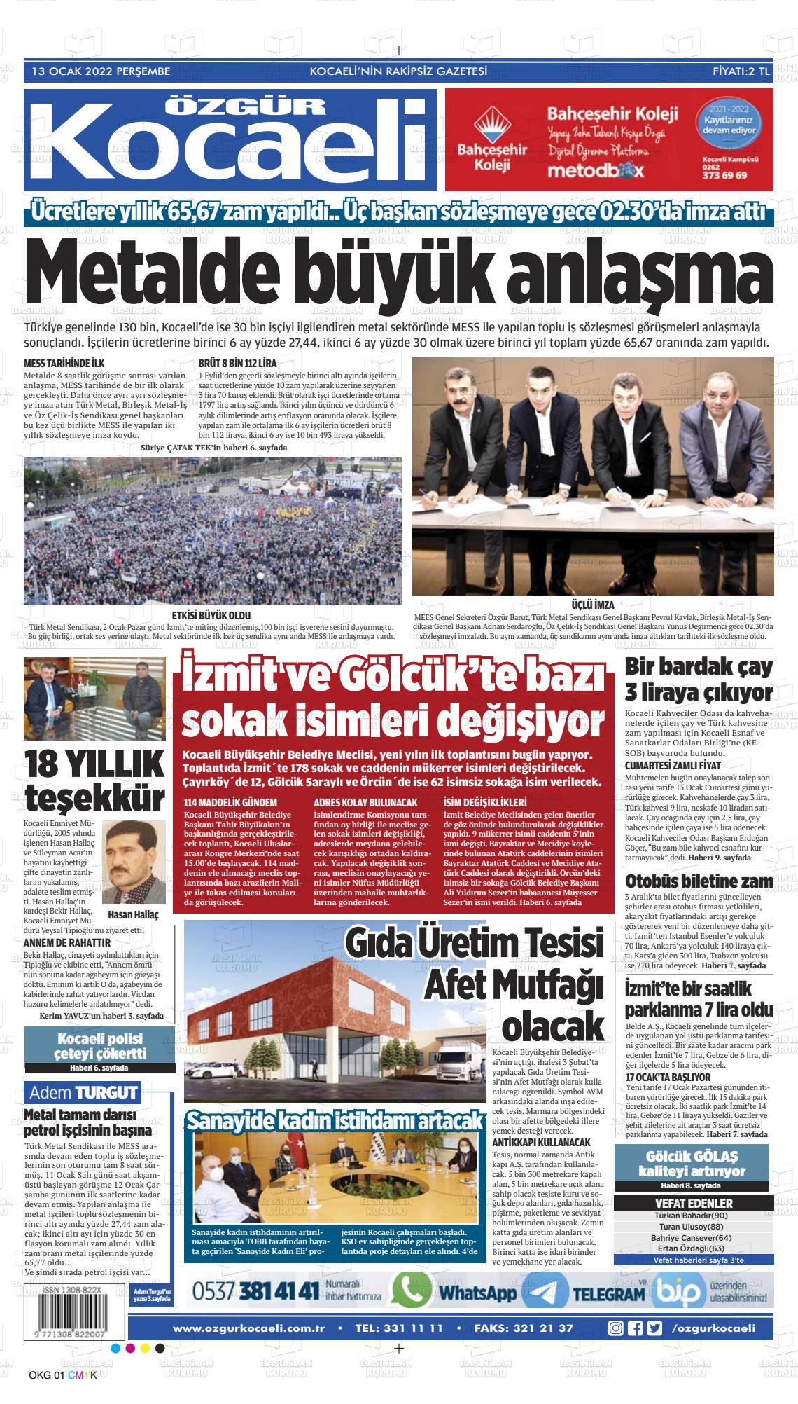 13 Ocak 2022 Özgür Kocaeli Gazete Manşeti
