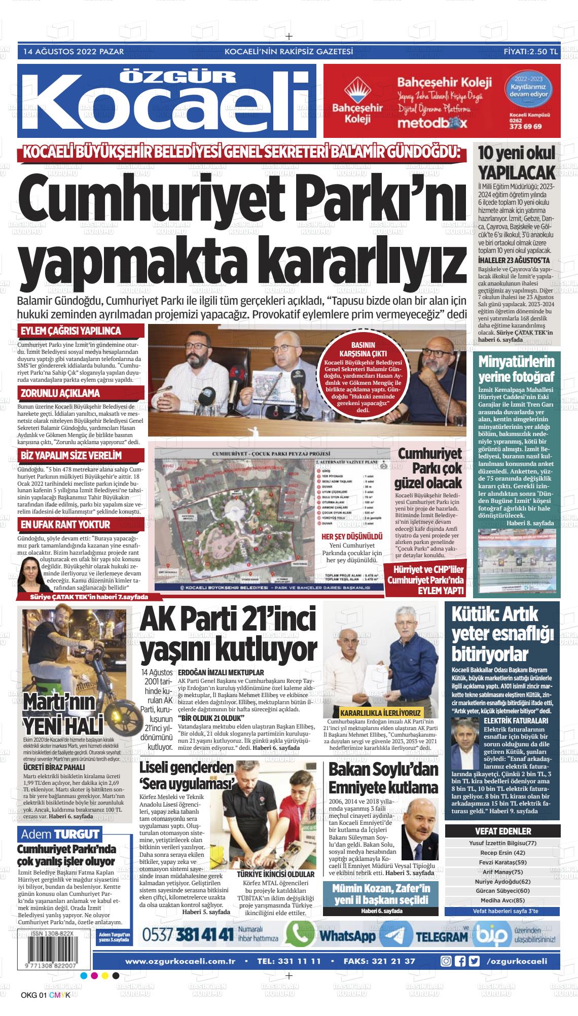 14 Ağustos 2022 Özgür Kocaeli Gazete Manşeti