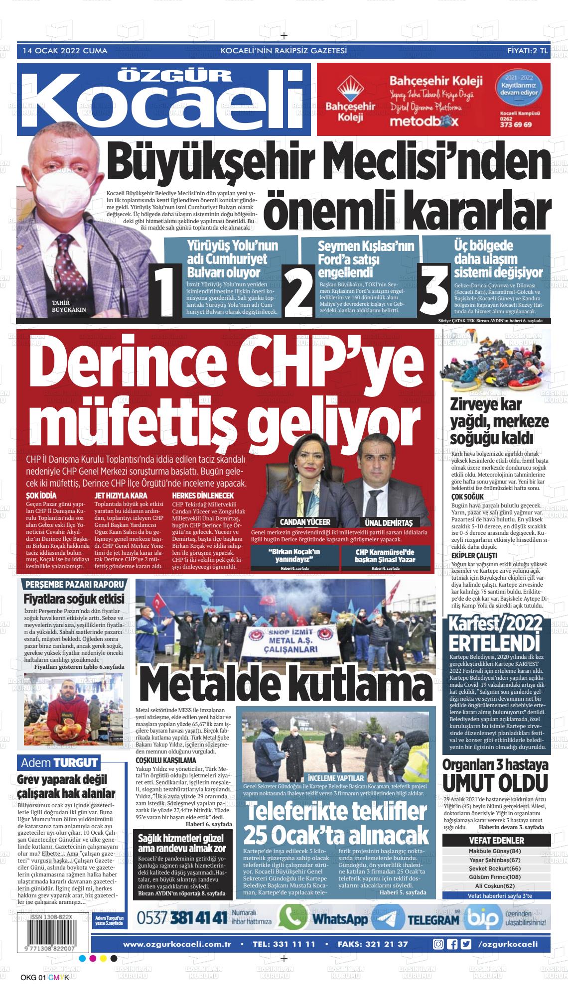 14 Ocak 2022 Özgür Kocaeli Gazete Manşeti