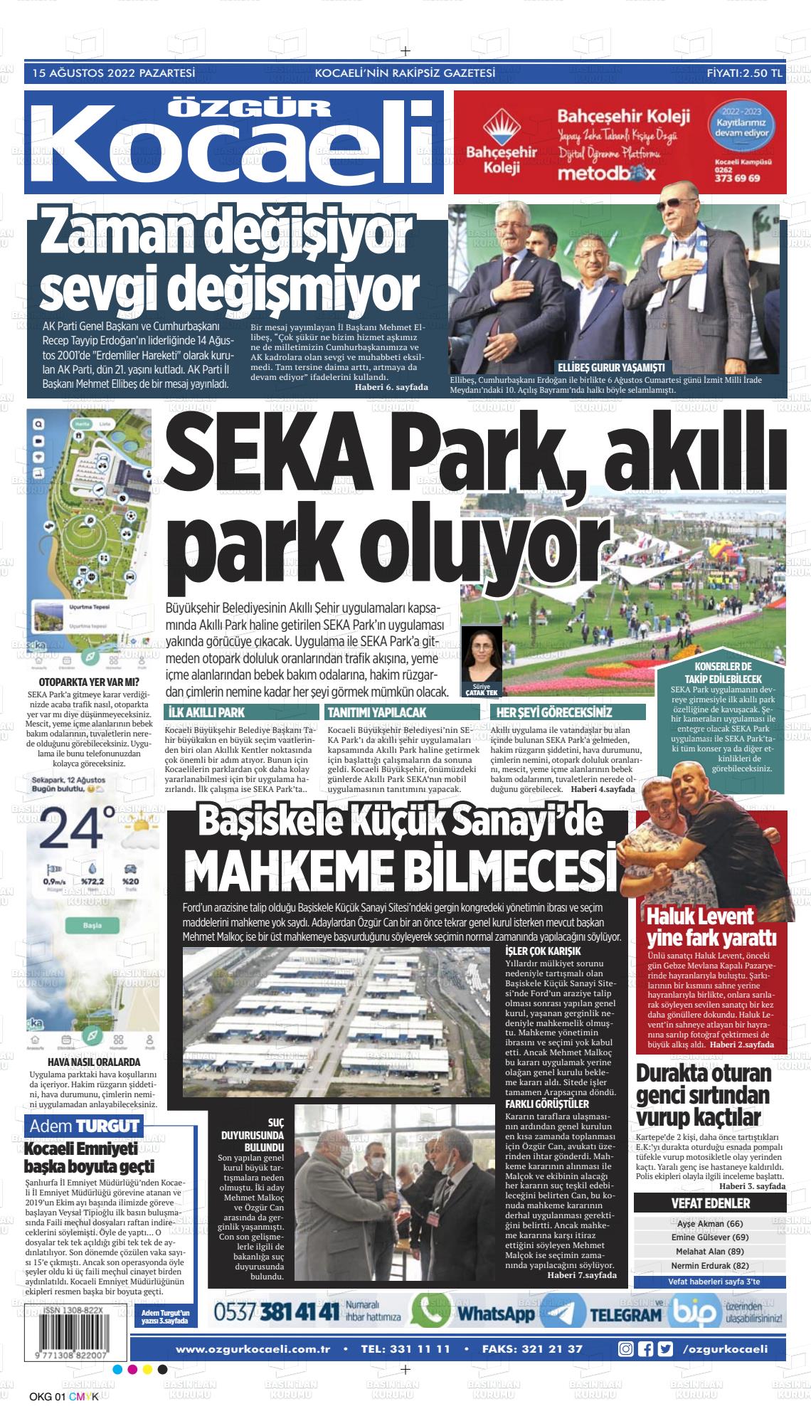 15 Ağustos 2022 Özgür Kocaeli Gazete Manşeti