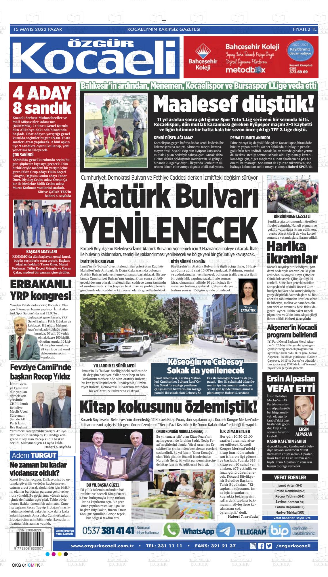 15 Mayıs 2022 Özgür Kocaeli Gazete Manşeti