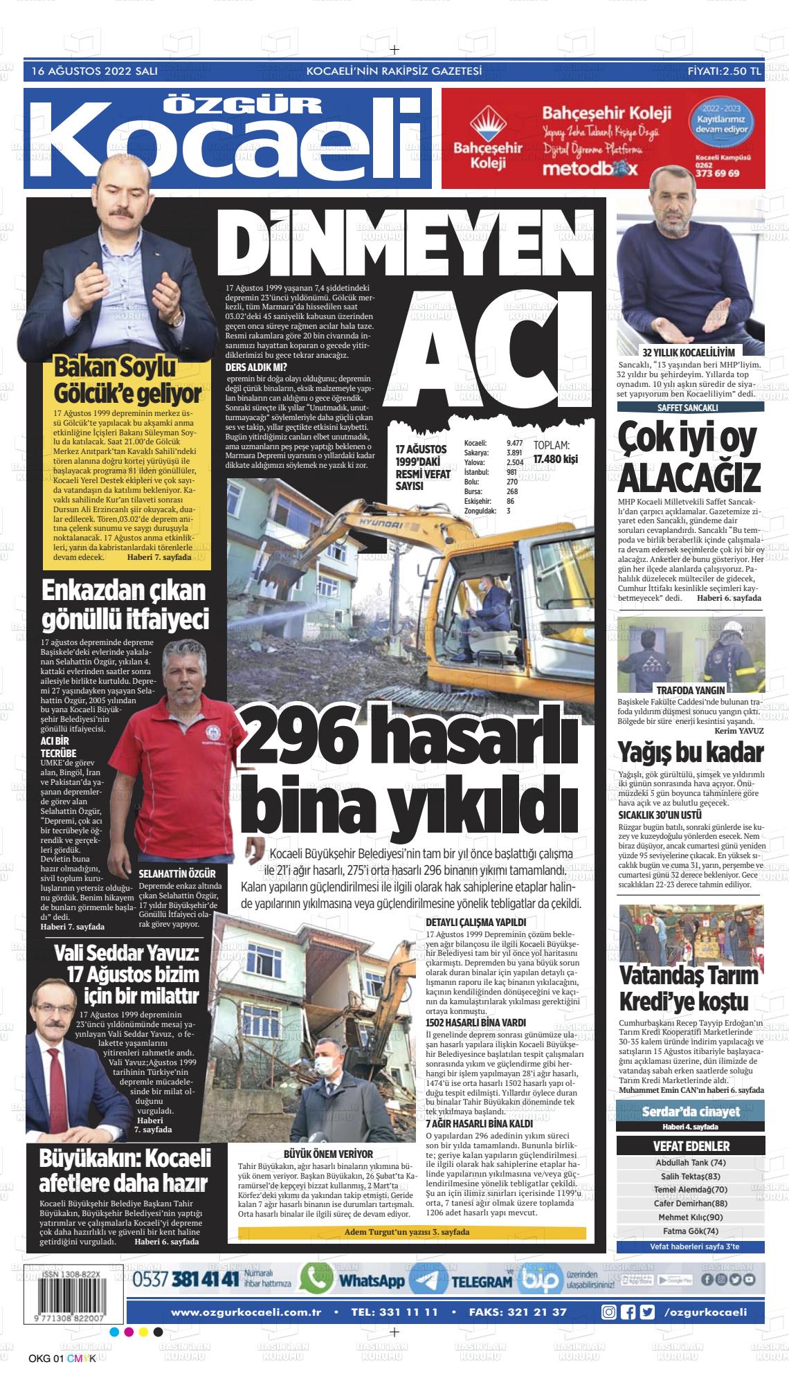 16 Ağustos 2022 Özgür Kocaeli Gazete Manşeti