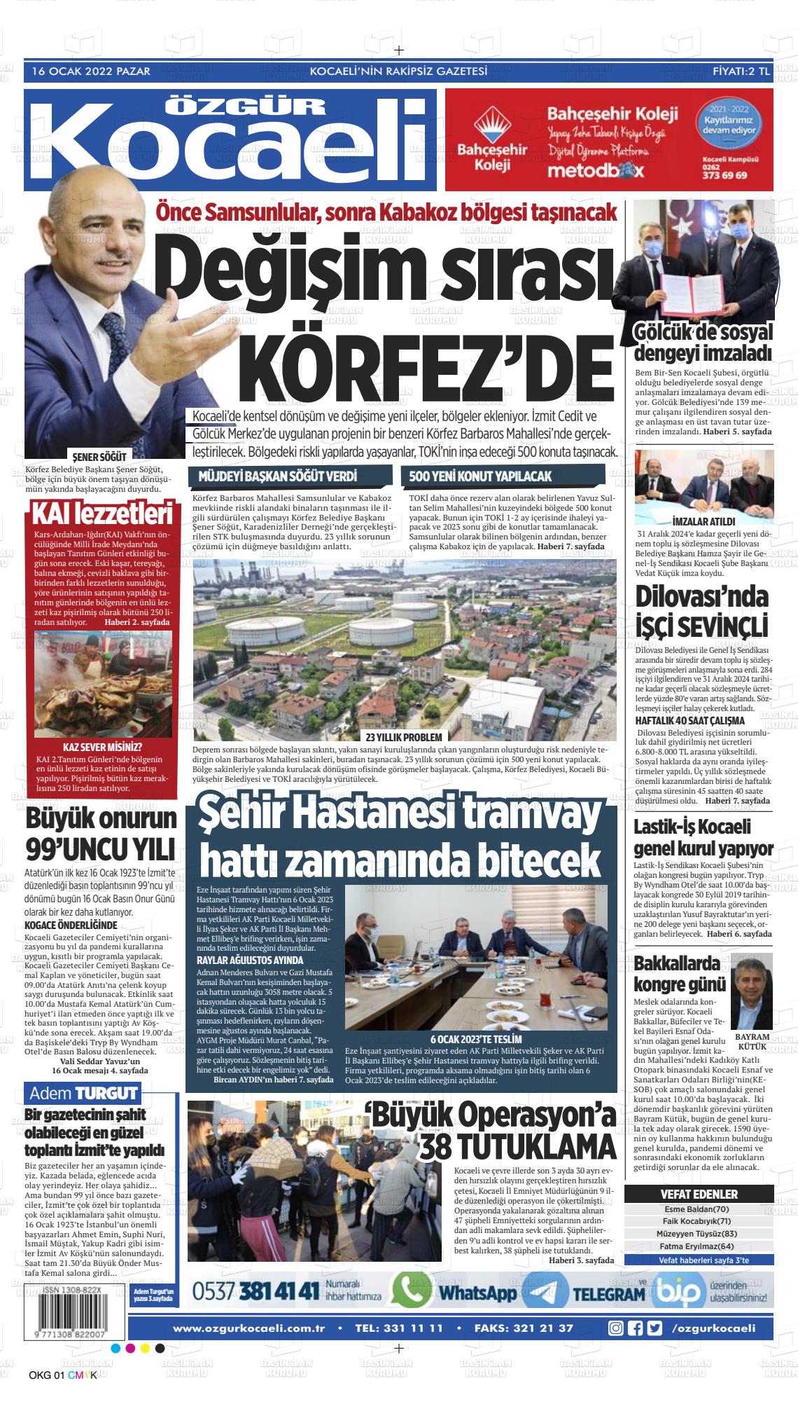 16 Ocak 2022 Özgür Kocaeli Gazete Manşeti