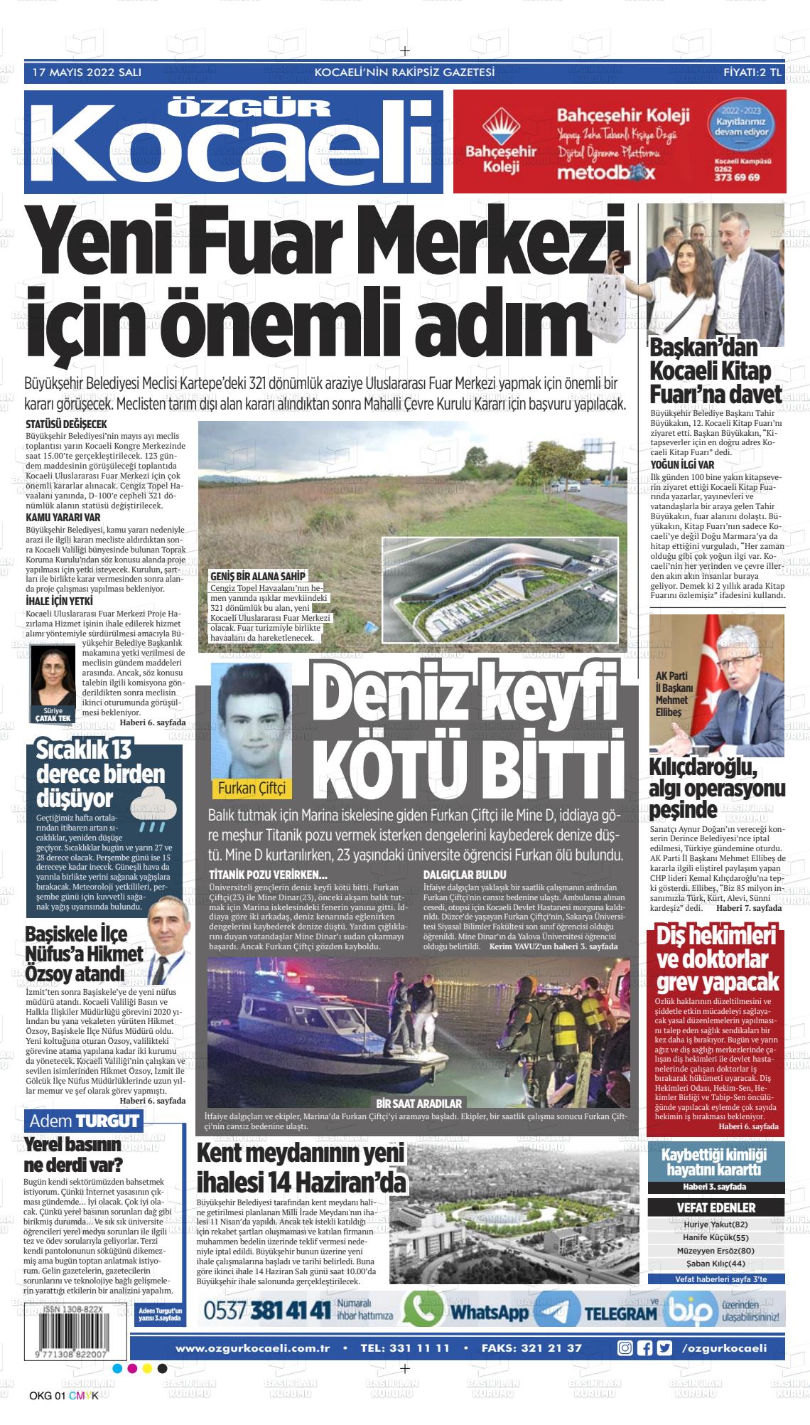 17 Mayıs 2022 Özgür Kocaeli Gazete Manşeti