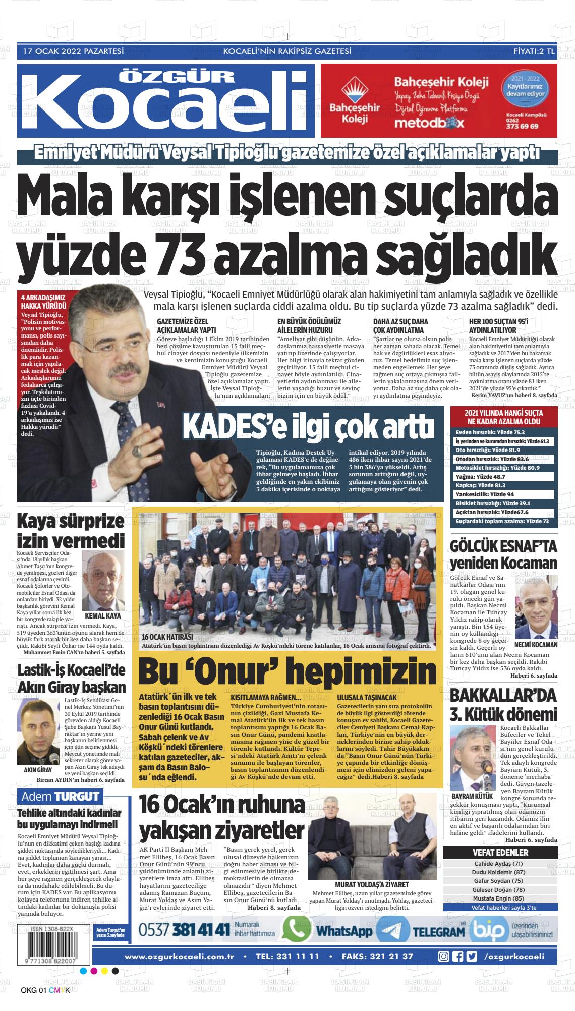 17 Ocak 2022 Özgür Kocaeli Gazete Manşeti