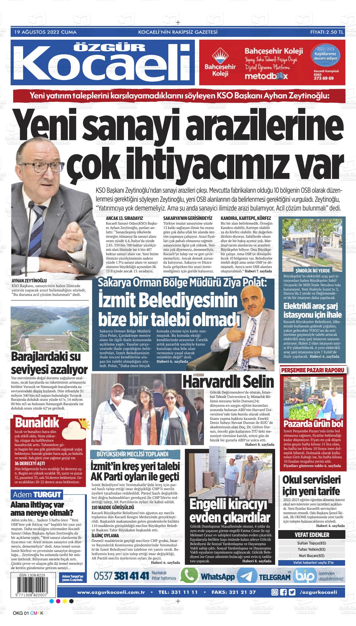 19 Ağustos 2022 Özgür Kocaeli Gazete Manşeti