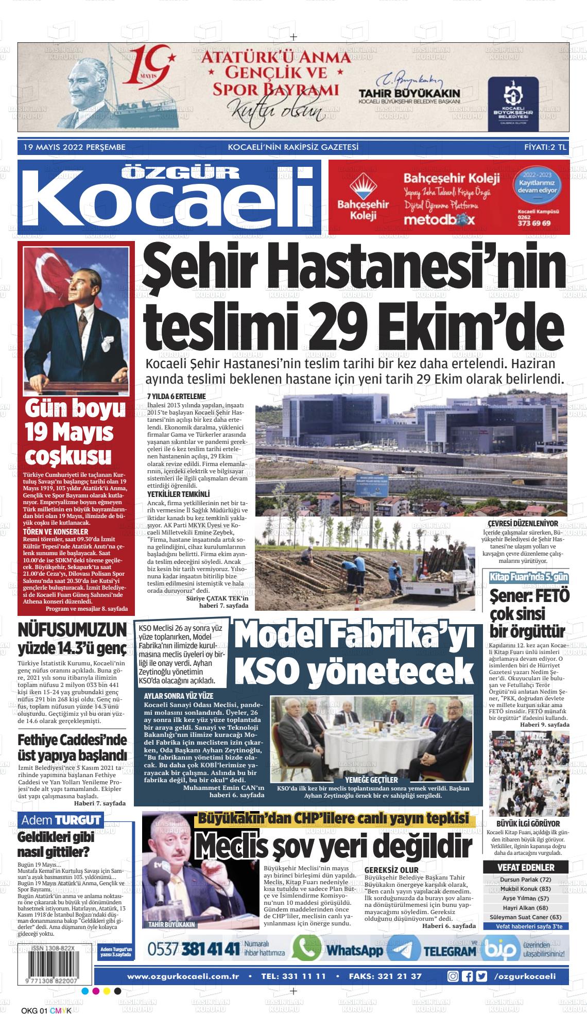 19 Mayıs 2022 Özgür Kocaeli Gazete Manşeti