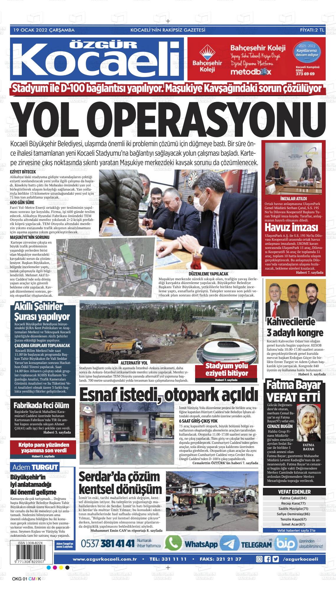 19 Ocak 2022 Özgür Kocaeli Gazete Manşeti
